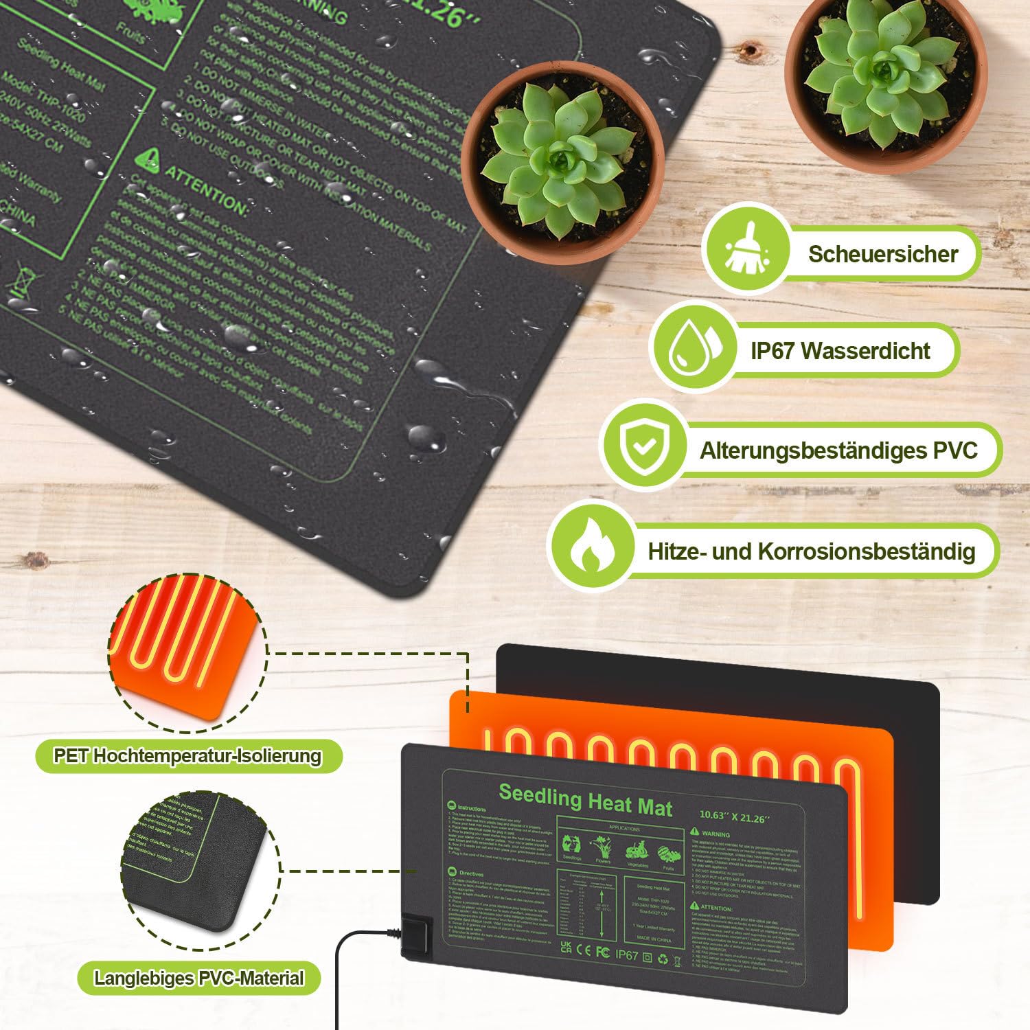 Heizmatte Pflanzen mit Thermostat, 27W Heizkissen, IP67 Wasserdicht, Wärmematte mit Timing-Funktion, Zimmergewächshaus Wärmematte für Reptil, Sämling Germination(1er Set, 55x27cm)