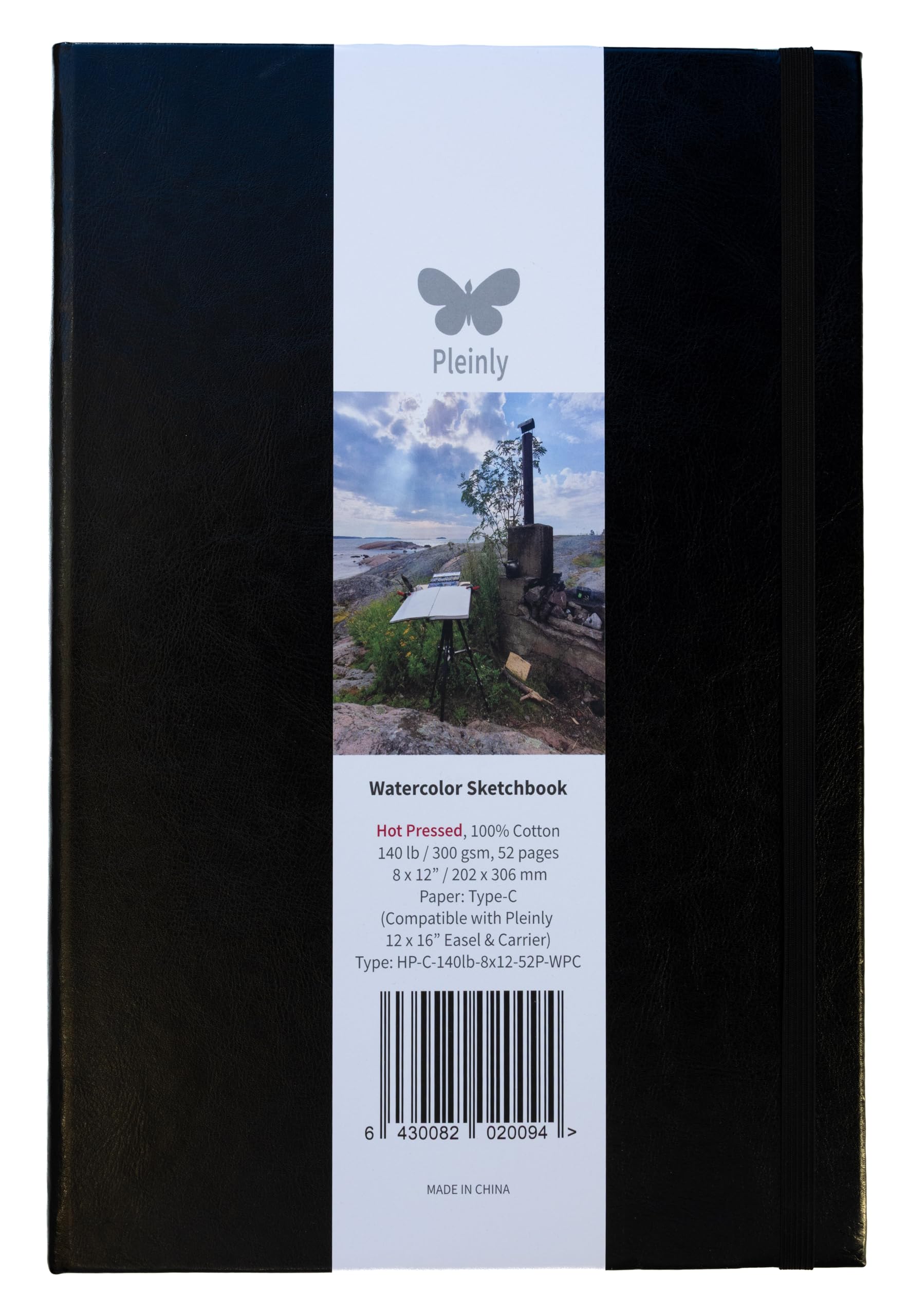 Pleinly Carnet de croquis aquarelle, 202 x 306 mm, 100 % coton, 300 g/m², 26 feuilles/52 pages, portrait, pressé à chaud (texture subtile), couverture en toile rigide