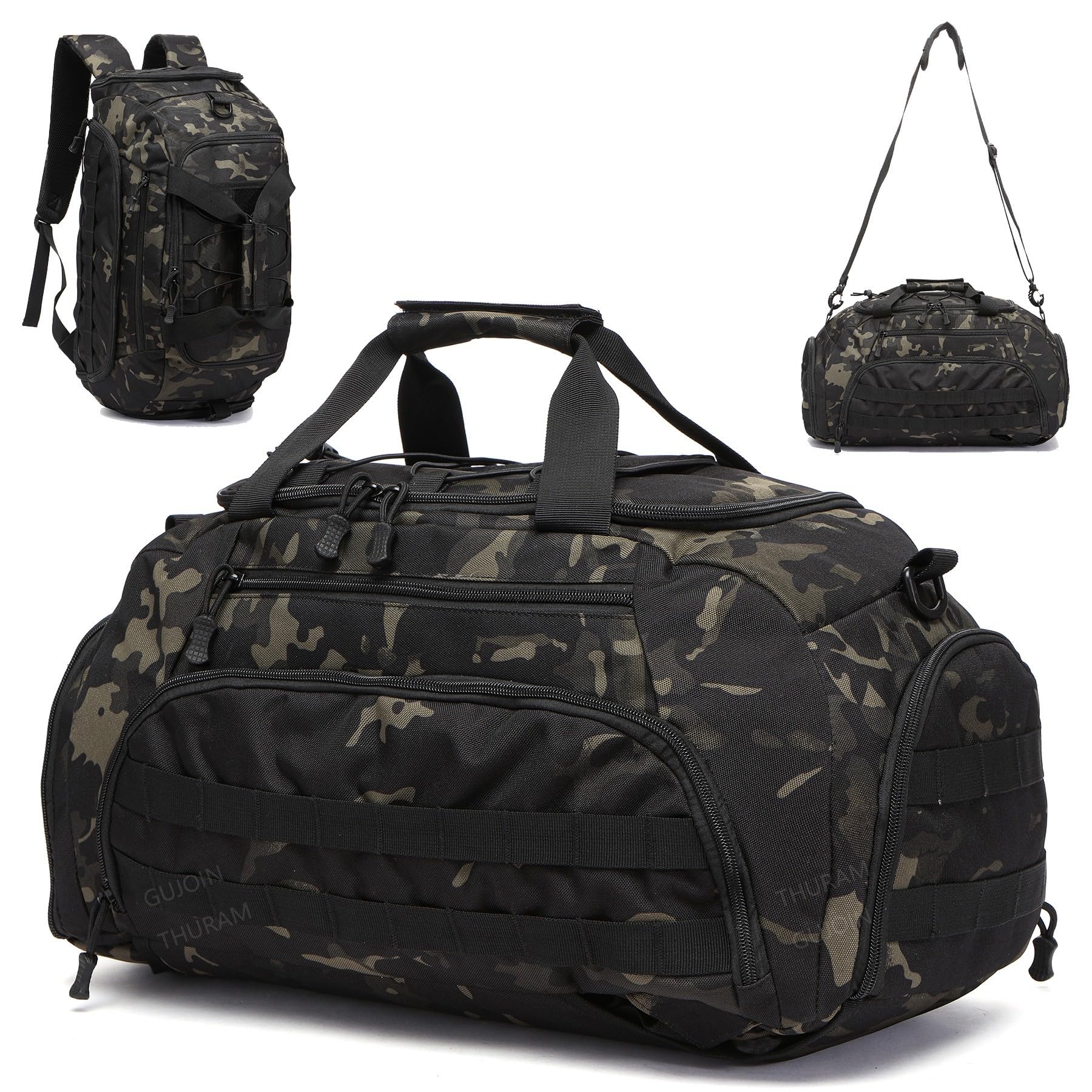 GUJOIN 3-in-1 Tactical Gym Backpack with Shoe Compartment Convertible Duffel Sling Bag for Men Women Weekender Overnight Travel Bag Fitness Bag Bags (Camoblack)