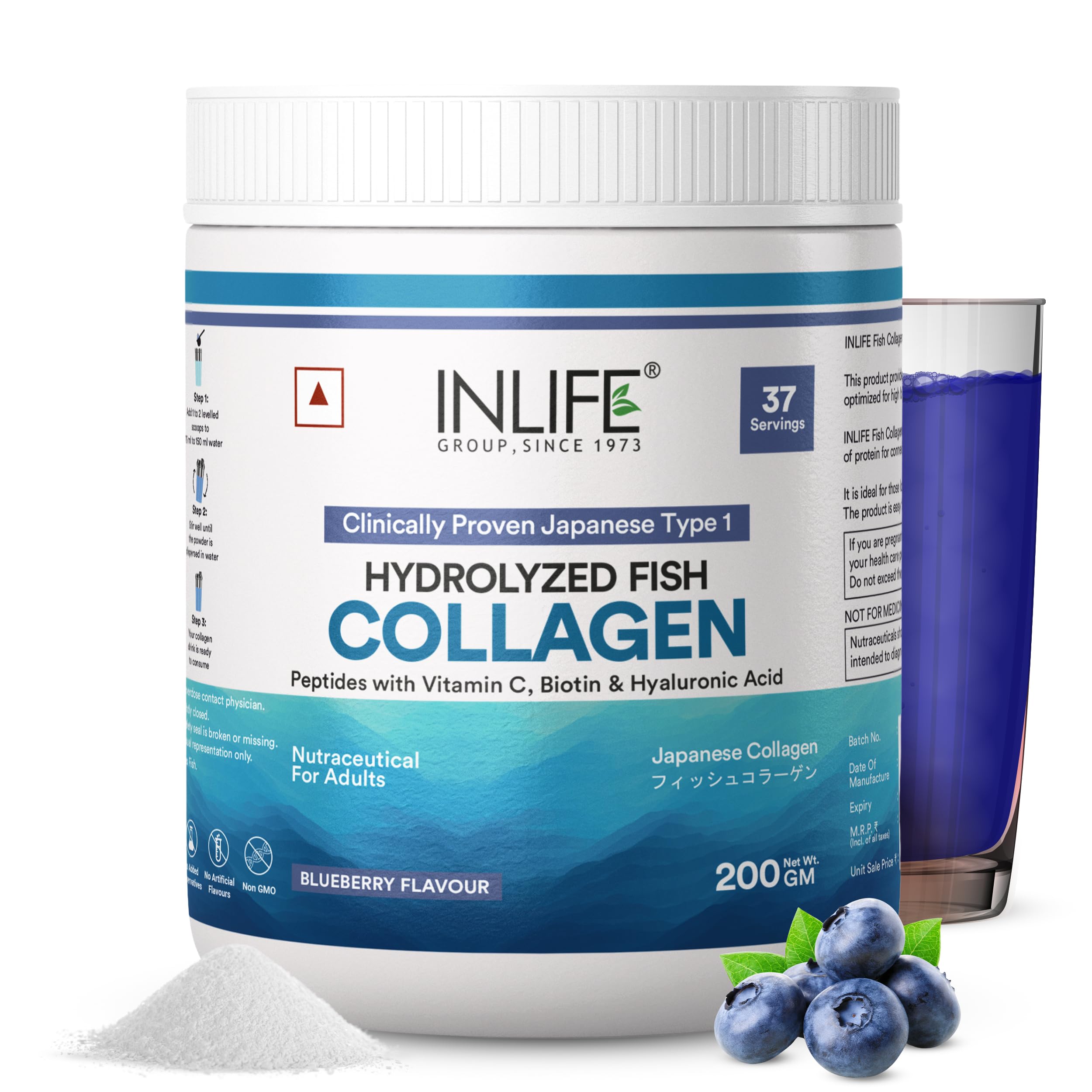 INLIFE Japanese Marine Collagen Supplements for Women & Men | Fish Collagen Powder for Skin & Hair | Clinically Proven Ingredient with Biotin, Hyaluronic Acid, Vitamin C & Glucosamine (200g, Blueberry)