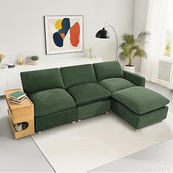 Modular Sectional Sofa with Reversible Cat-House Armrest, 3-Seater with Storage Ottoman, L-Shape Convertible Couch for Living Room, Chenille Cloud Comfort, Pet Friendly, Removable Zip Covers Green