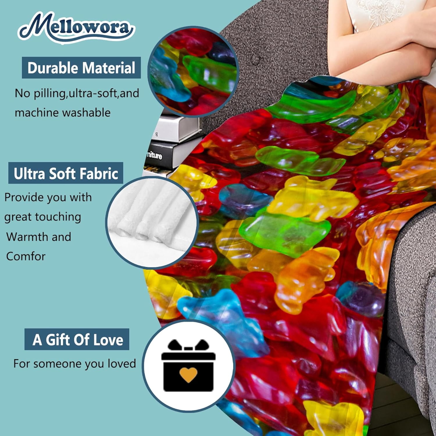 Candy Gummy Bear Blanket, Funny Realistic Food Gummy Throw Blanket for Adults, 80"x60" Candy Gummy Plush for Gummy Lovers Novelty Gifts, Lightweight Flannel Cute Colorful Blankets for Bed Sofa Chair