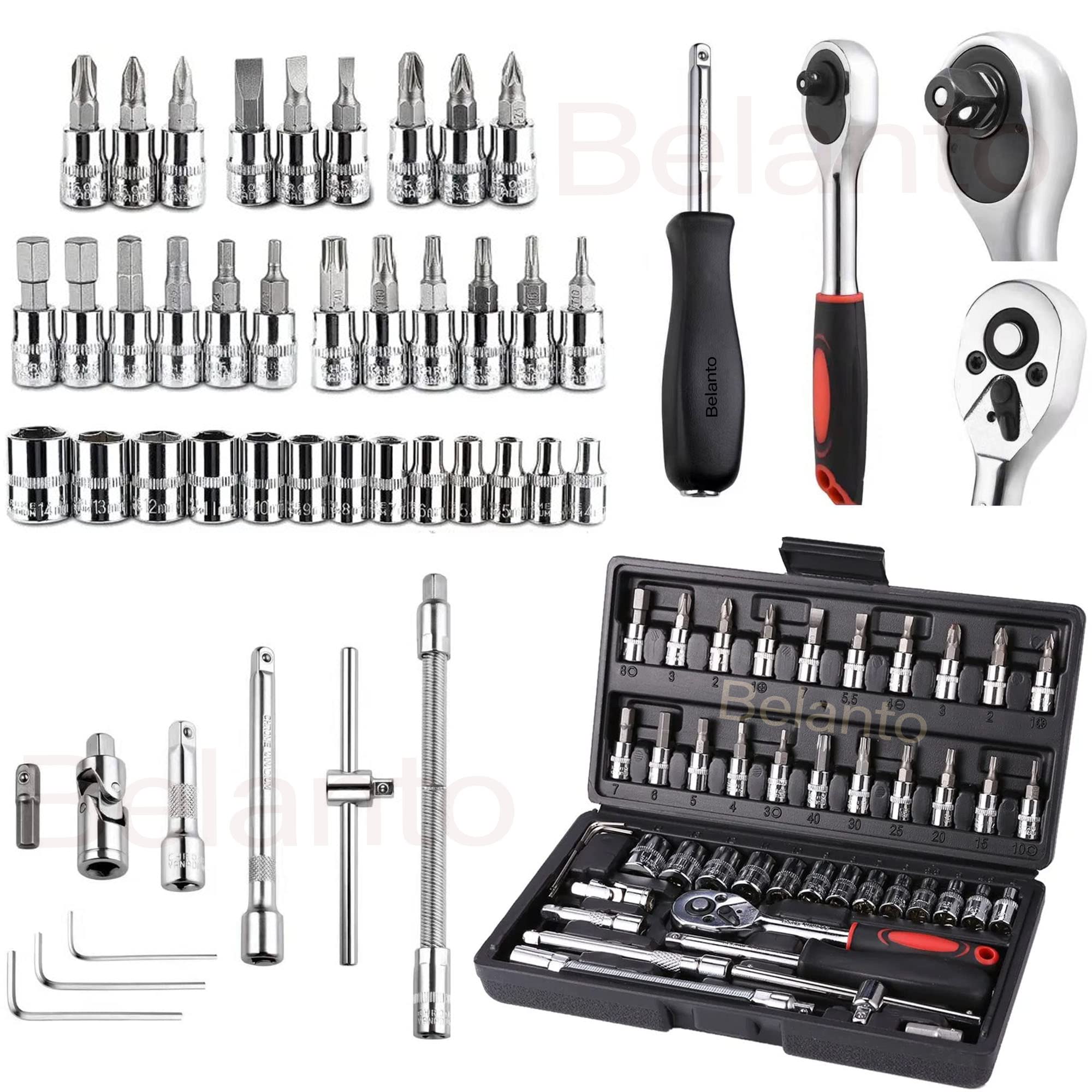 Belanto 46 in 1 Pcs Tool Kit for Home Screwdriver & Socket Wrench Hand Tool kit, Square Drive Metric Ratchet Socket Wrench Spanner Multi Purpose Combination Toolkit for Automobiles Bike & Car Repair