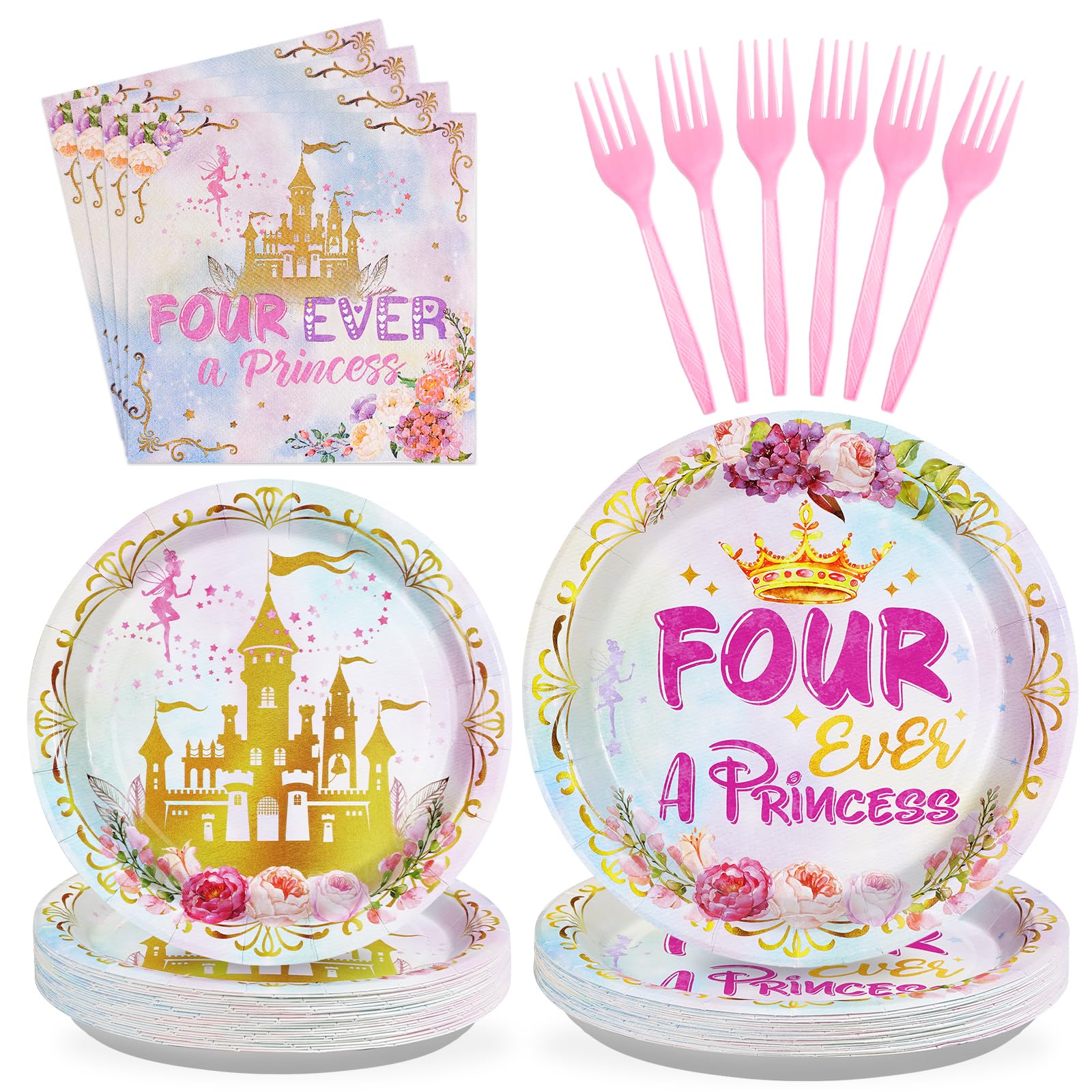 96 Pcs Princess Birthday Party Supplies 350 GSM Four Ever a Princess Plates and Napkins Tableware Set Watercolor Pastel Rainbow Castle Party Decorations for Girl 4th Birthday Fairytale Party Serves 24