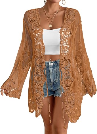 Bsubseach Women Lace Kimono Cover Up Beach Bathing Suit Coverup Cardigan | Long Sleeve Bikini Cover Ups 2026 Summer western Blouse