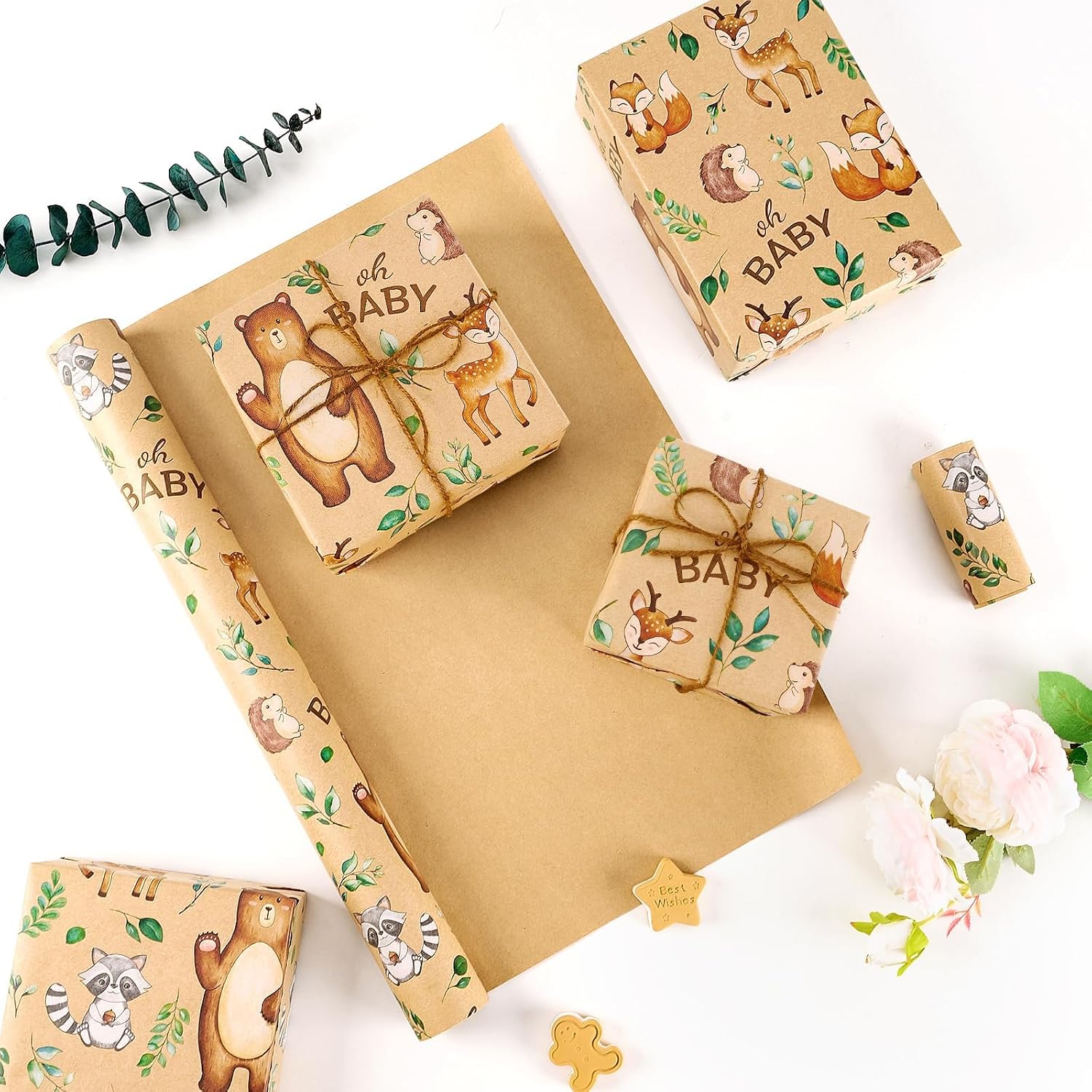 WERNNSAI Baby Shower Kraft Wrapping Paper, 33 ft Brown Woodland Animals image 4