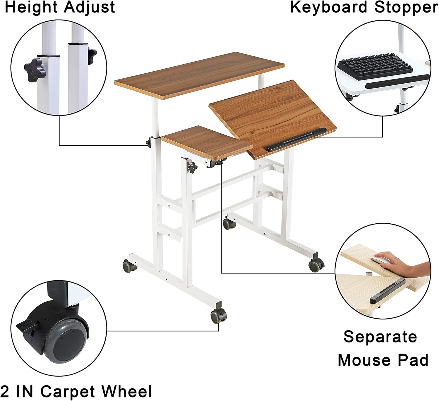 SDADI Height Adjustable Sit Stand Desk Home Office Desk Mobile Standing Desk Rolling Laptop Cart Computer Workstation, Dark Grain : Home & Kitchen
