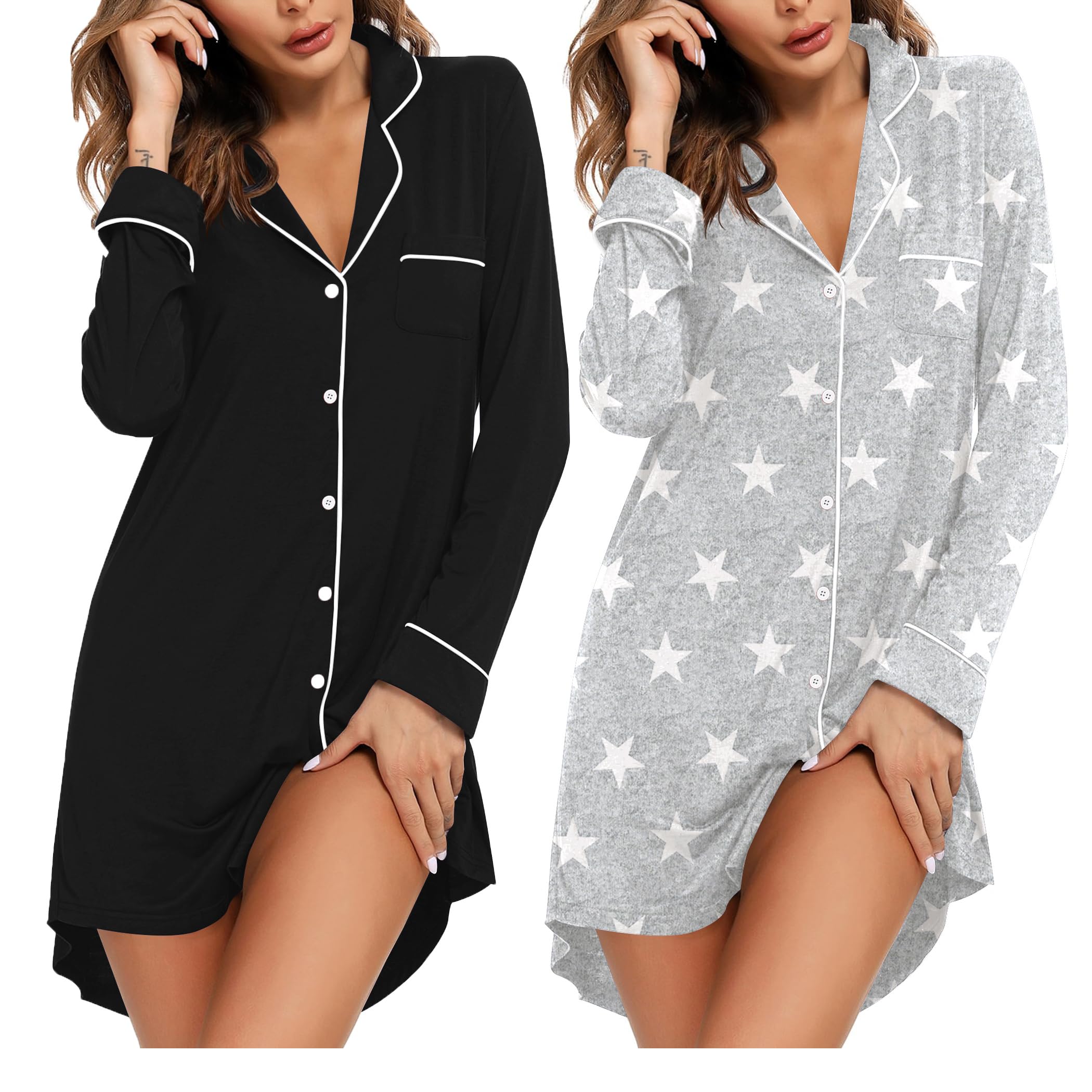 Ekouaer 2 Pack Nightgowns for Women Long Sleeve Night Shirt Button Down Sleep Shirt V-Neck Sleep Dress Pajama Sleepwear