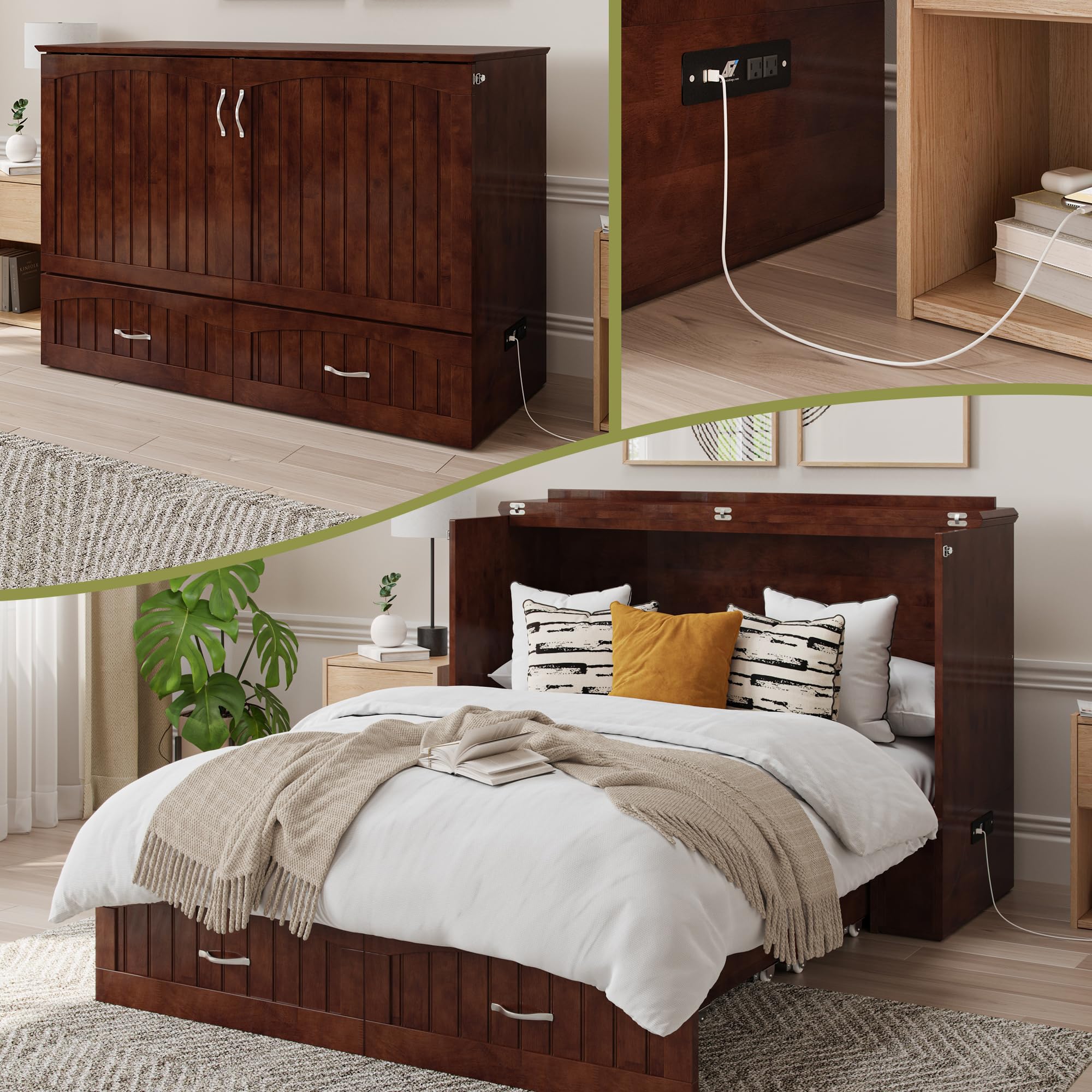 AFI Southampton Full Murphy Bed Chest with Mattress, Storage, and Built-in Charger in Walnut