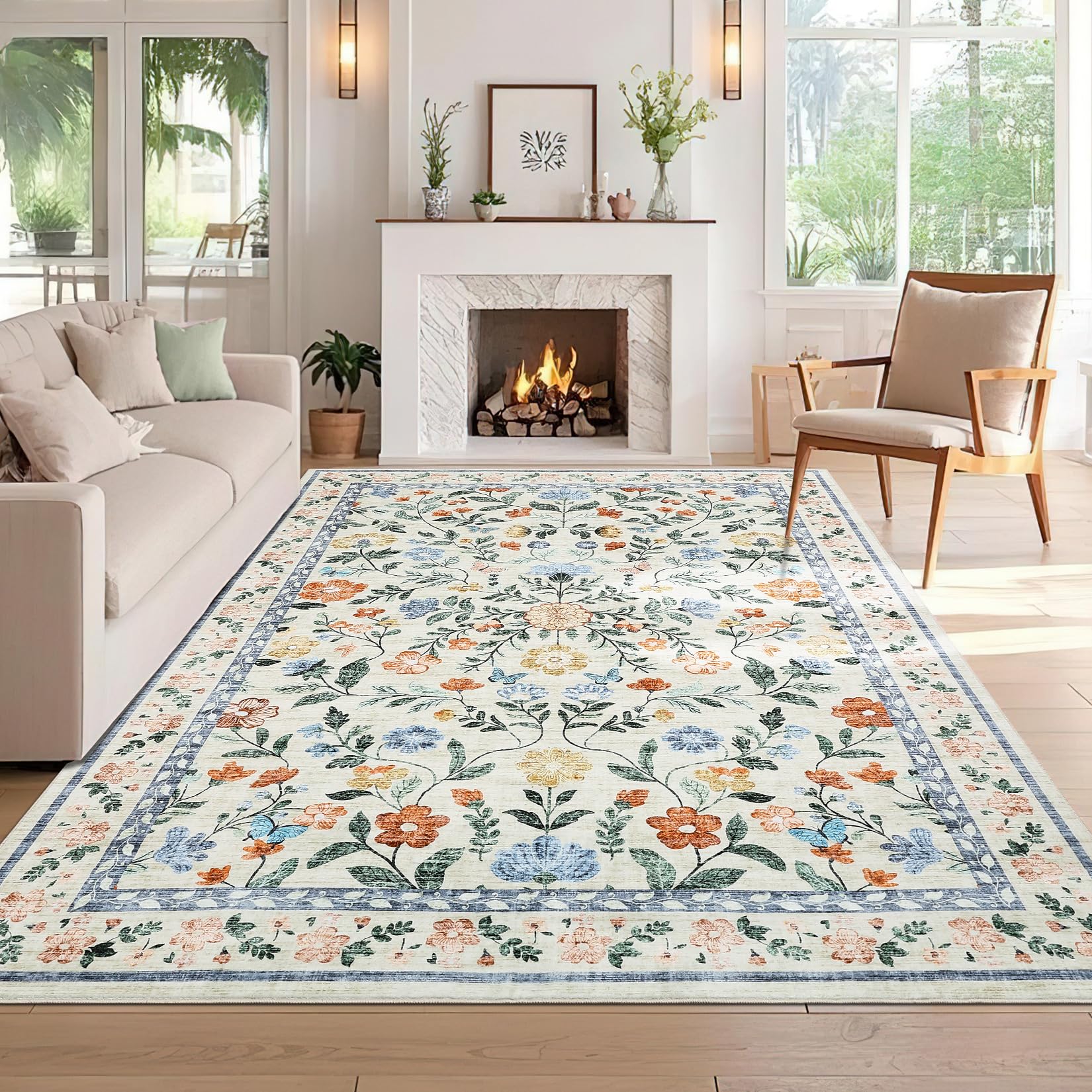 CAROMIO 200x290 cm Large Floral Living Room Rug, Non-Slip Washable Farmhouse Carpet for Bedroom, Low Pile Foldable Soft Area Rug for Dining Nursery Office, Green