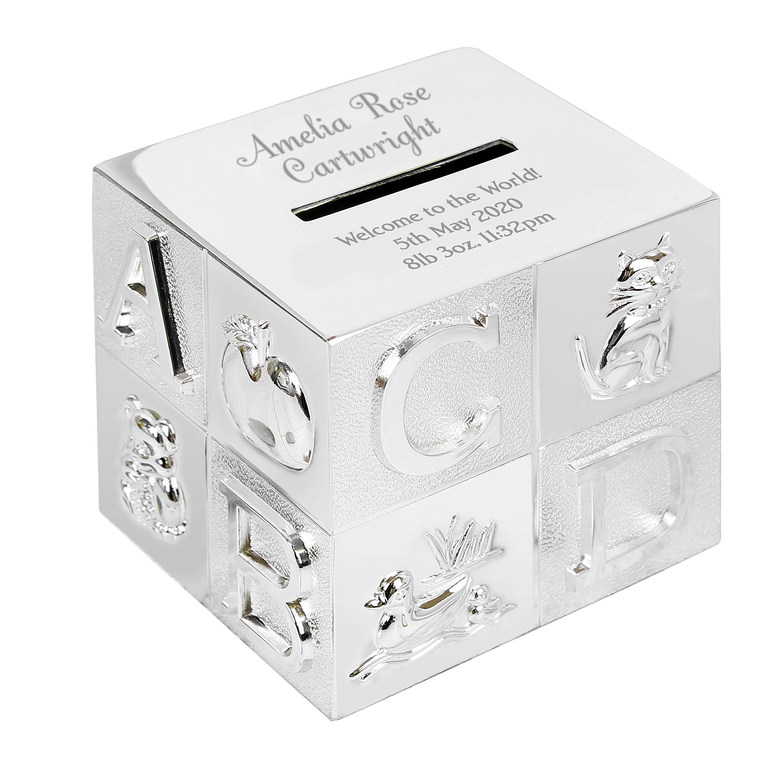 Engraved Personalised Silver Plated ABC Money Box Birthday Christening