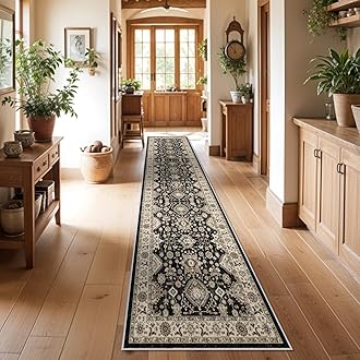 Washable Hallway Runner Rug 3x12: Non Slip Runner Rugs with Rubber Backing Soft Kitchen Rug Farmhouse Distressed Carpet Runner for Living Room Bedroom Bathroom (Black, 3X12)