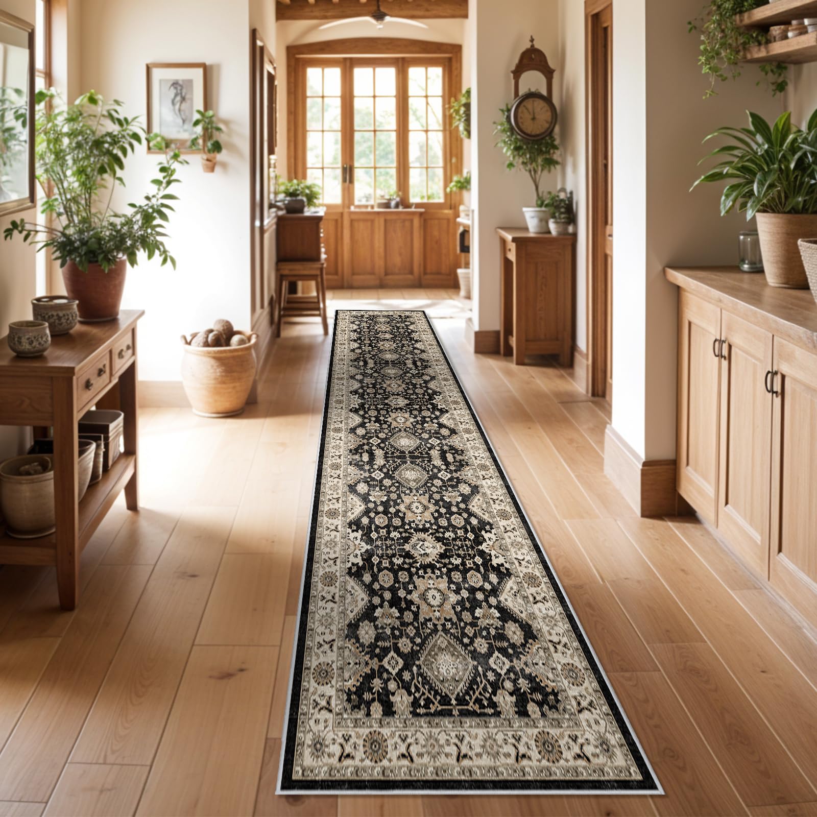Washable Hallway Runner Rug 3x12: Non Slip Runner Rugs with Rubber Backing Soft Kitchen Rug Farmhouse Distressed Carpet Runner for Living Room Bedroom Bathroom (Black, 3X12)OEKO-TEX STANDARD 100