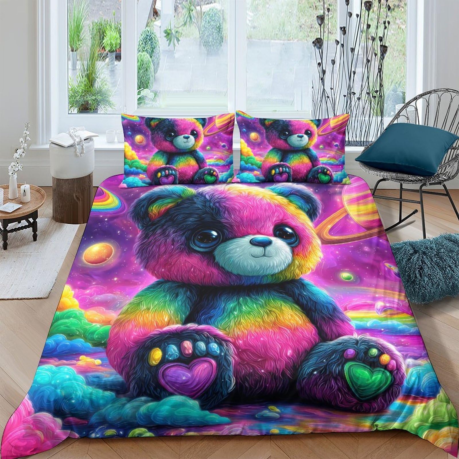 Ctjqhvkz Style-2 3D Printed Rainbow Teddy Bear Fitted Sheet Microfiber Soft Easy Care Colorful Universe Bed Cover For Bedroom Dorm Decor Single（135X200cm）