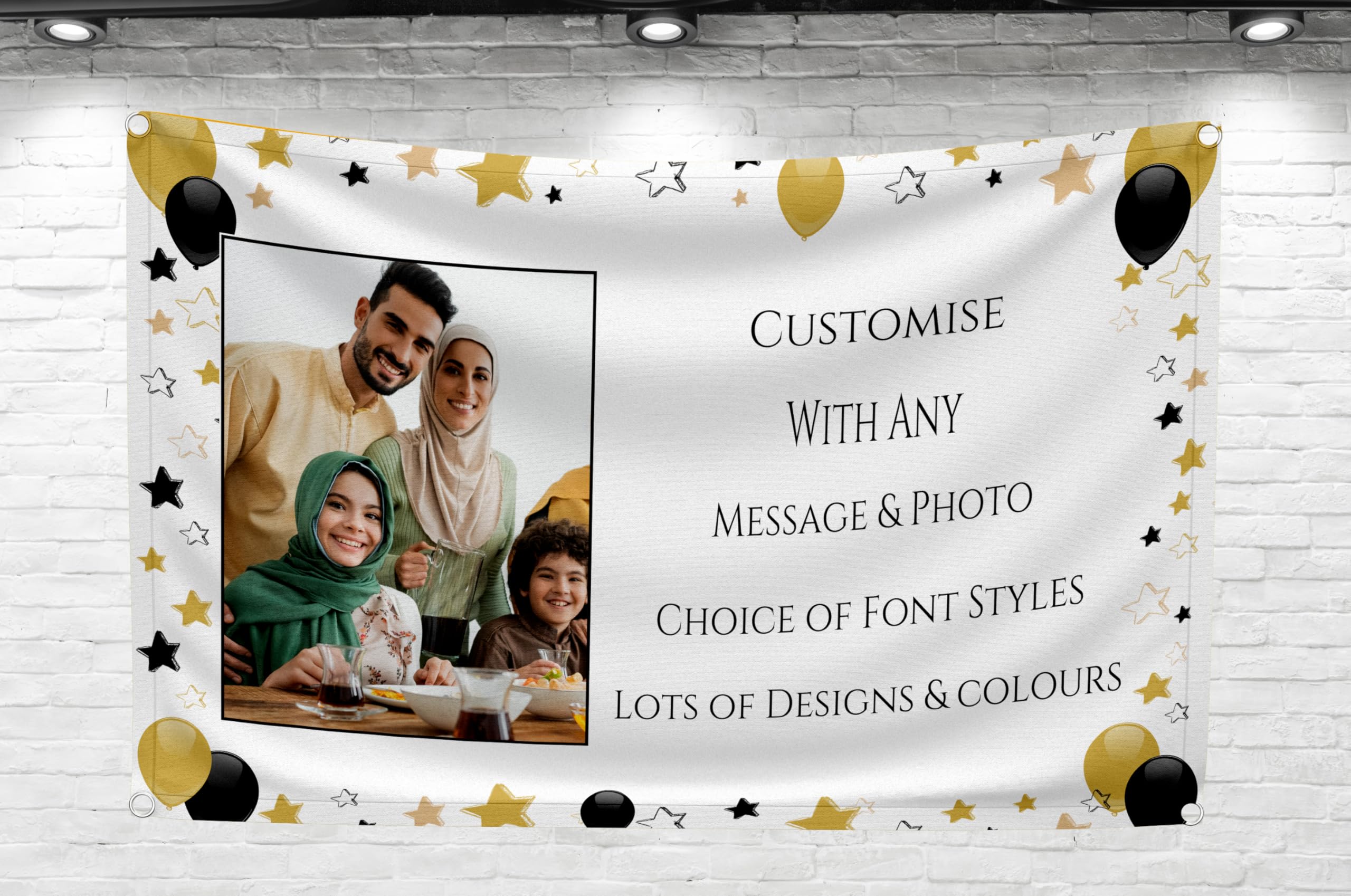 Large Personalised Banner Backdrop for Any Occasion Customised with Any Message Happy Birthday for Men or Women Party Decorations Retirement Welcome Home Congratulations (Black & Gold, with PHOTO)