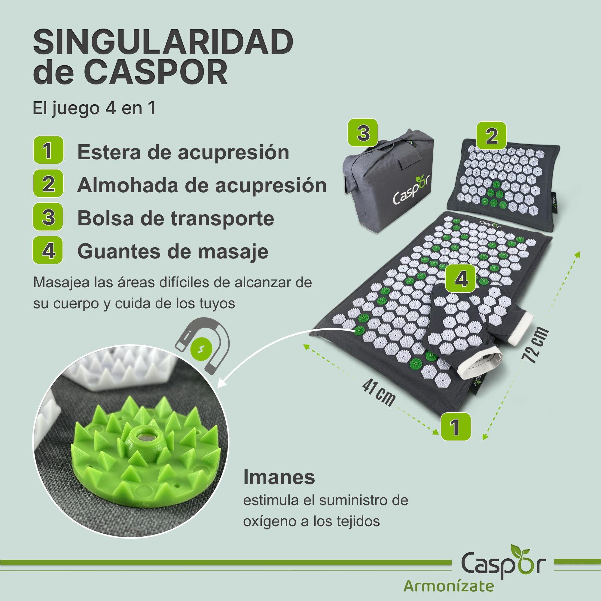 Akupressur Eco Set - Esterilla de acupresión con cojín, bolsa, guantes de masaje de lino 100% con fibras de coco, ganador de pruebas mate 05/24 para el dolor de espalda Caspor®