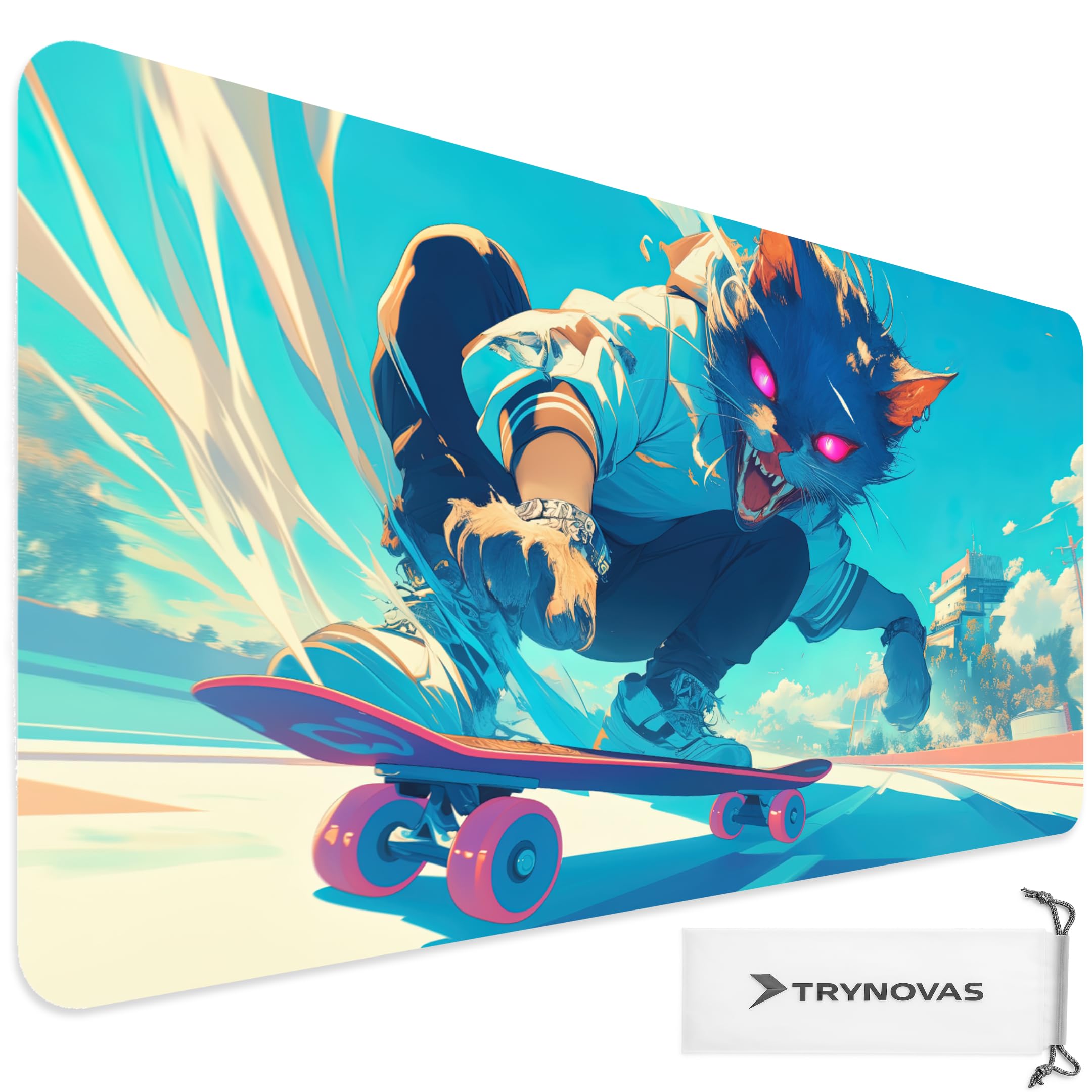 TRYNOVAS Tappetino Mouse XXL 90×40 cm (3mm) – Anime Gatto Skater Cyberpunk – Tappetino Gaming Grande, Base Antiscivolo, Bordi Cuciti, Desk Pad per PC e Setup Gamer