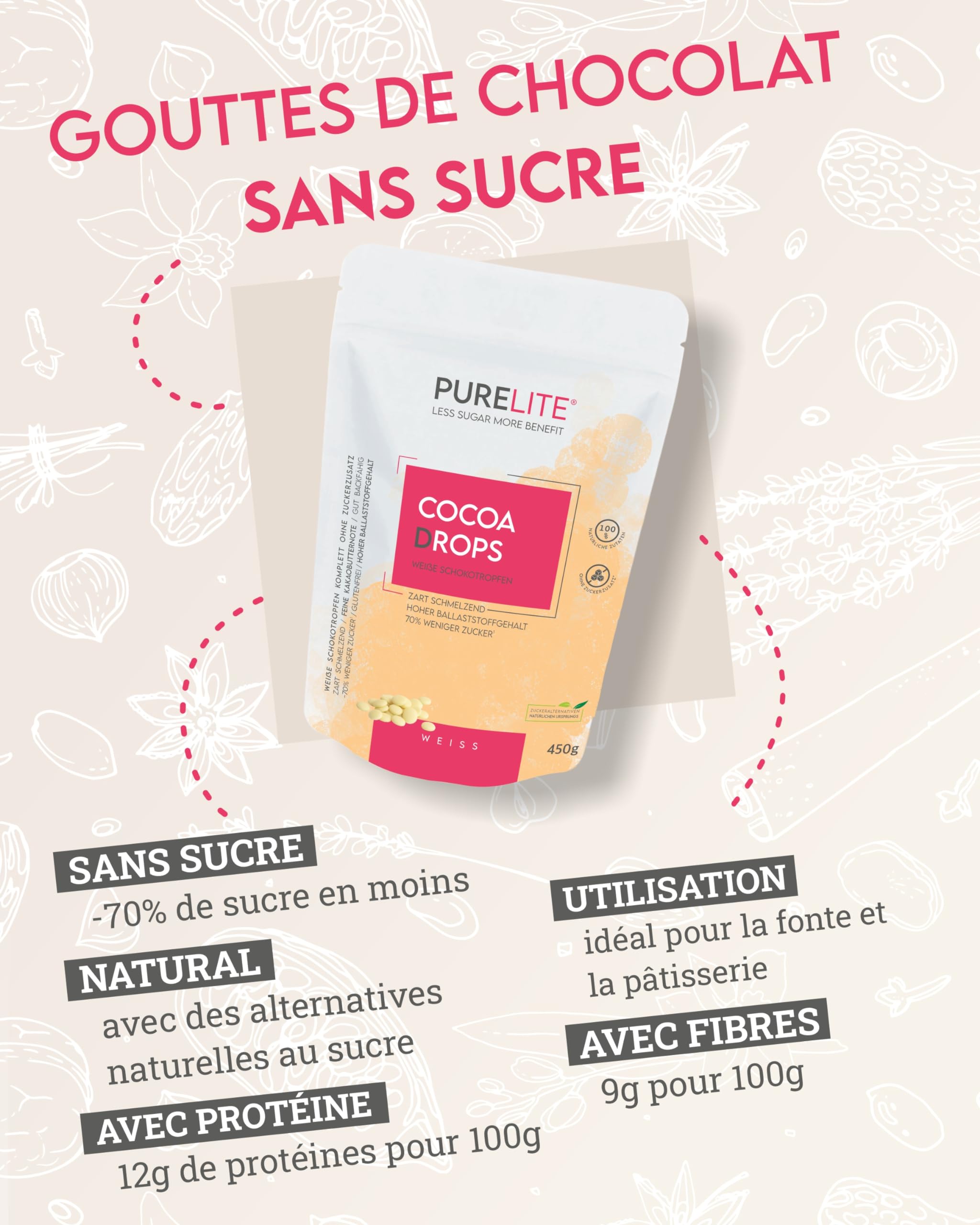 PURELITE Cocoa Drops blanc 450g, gouttes de chocolat blanc sans sucre ajouté avec érythritol & stévia sans arrière-goût, 70% à teneur réduite en sucre, conscient des calories