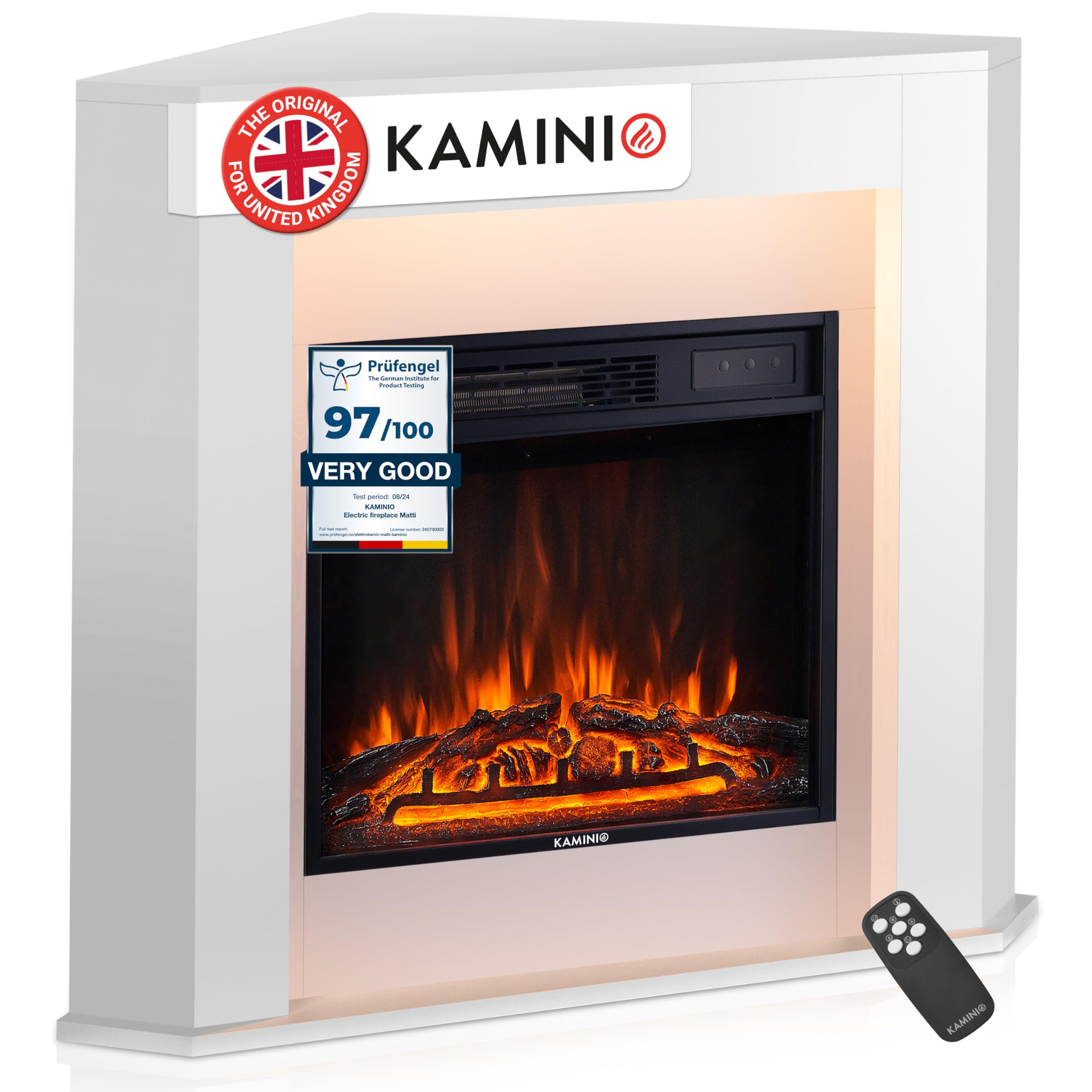 Kaminio White Electric Fireplace Matti - Freestanding Corner Fireplace With Heater, 3D Flame Effect, Led Mood Light, Remote Control