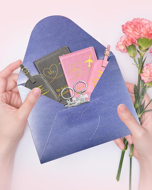Slohif Mr. and Mrs. Passport Holder Lugguage Tag Set for Travel - Leather Passport Book Personalized Organizer Card Protector Sleeve Suitcase Cover Wallet Case Essentials Slim Carrier Pink Grey by Slohif - Image 7