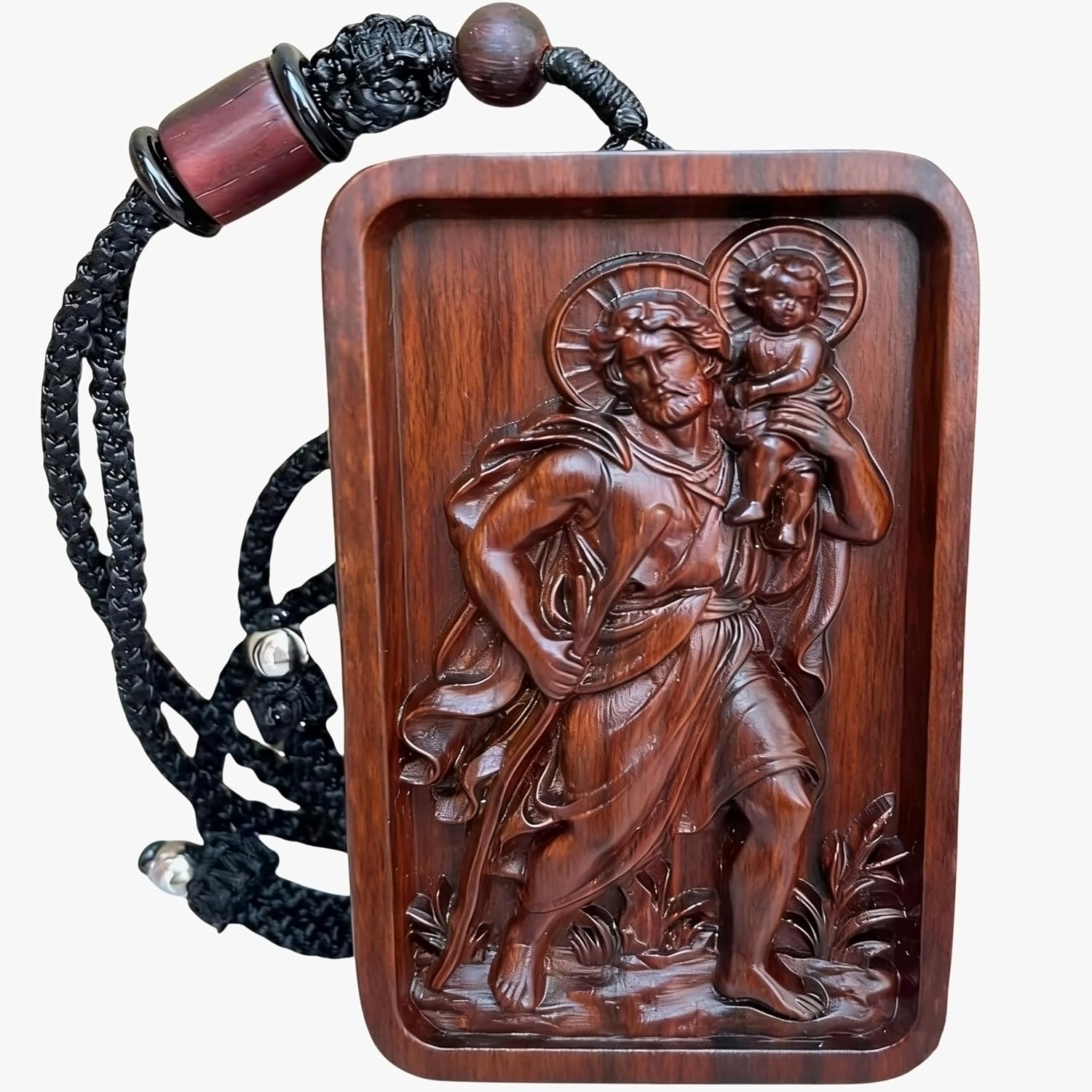 Saint Christopher Car Hanging Ornament, Wooden Rearview Mirror Charm with Psalm 121:8 Engraved Cross, Natural Solid Wood Christian Gift for Men and Travelers