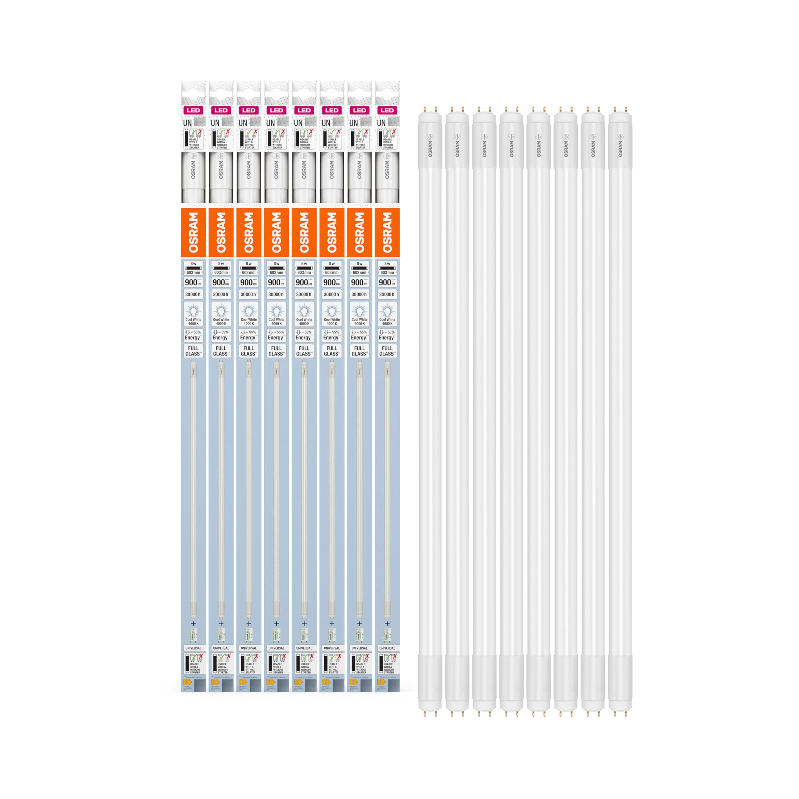 OSRAM Rurka LED T8 18 Un 600 mm, Liniowa Rurka LED, 8W, 900LM, 4000K, Zimne Białe Światło, Zamiennik LED dla Rur Lekkich T8 z Gniazdkami G13, Długa Żywotność