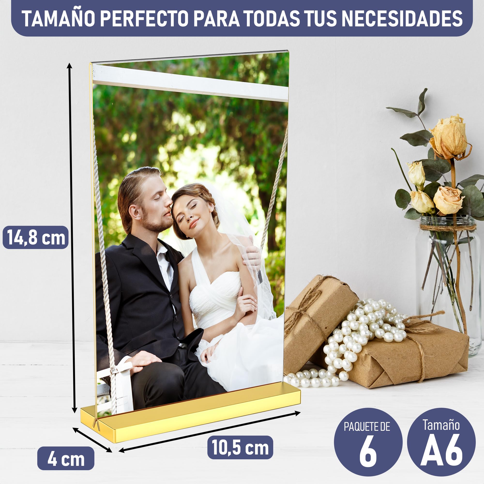 Elegantes Juego de 6 Marcos de Acrílico Dorado A6, Deslumbrantes Exhibiciones Fotográficas, Mejora la Ambiencia de tu Evento con Exquisitos Portanúmeros de Mesa Dorados, Porta Señales Dorados