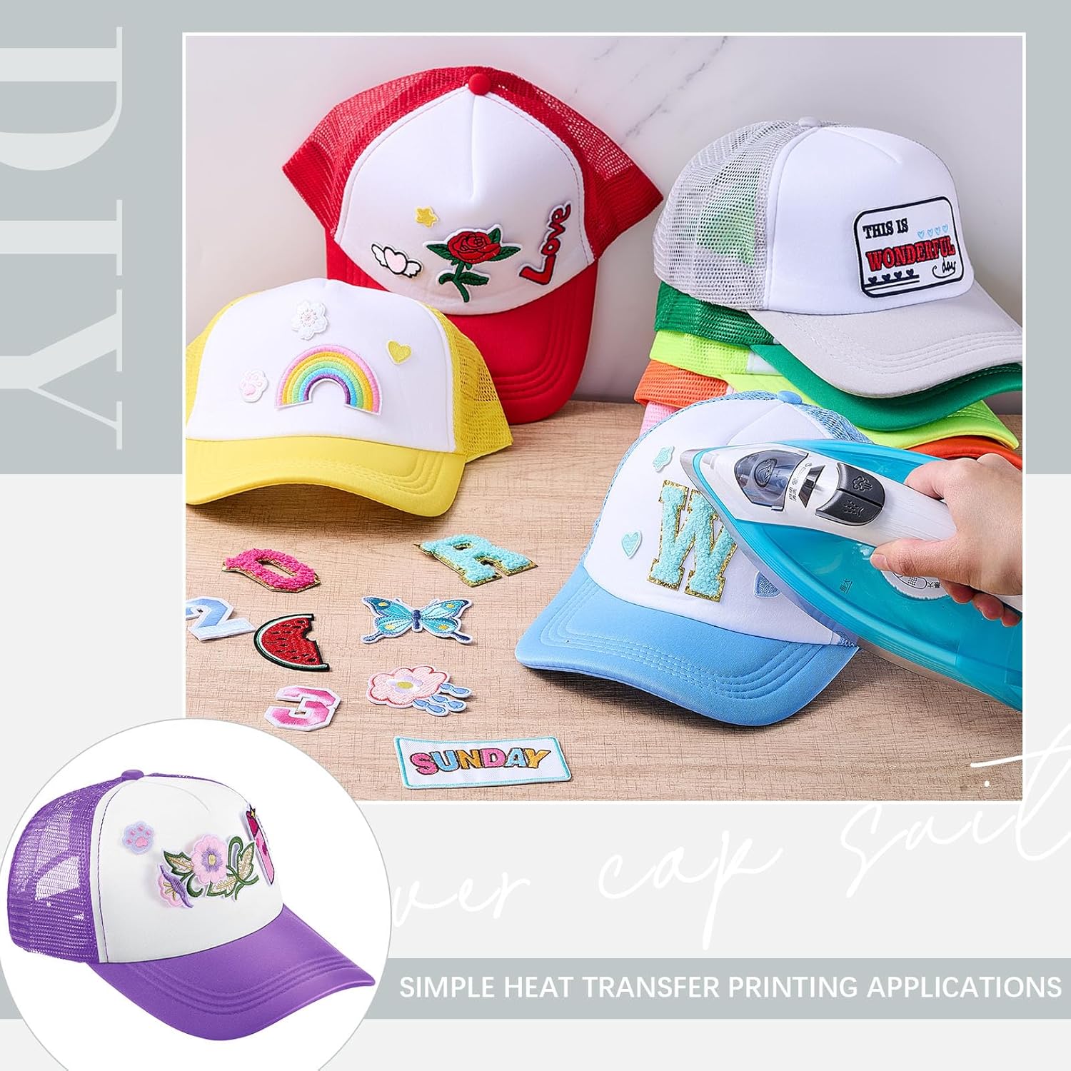 Hercicy 12 Pack DIY Trucker Hats Kit, Sublimation Blank Baseball Caps with 120 pcs Embroidered Patches DIY Craft for Party