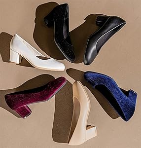 HHTCAL 2 inch Low Block Heel Pumps for Women Round Closed Toe