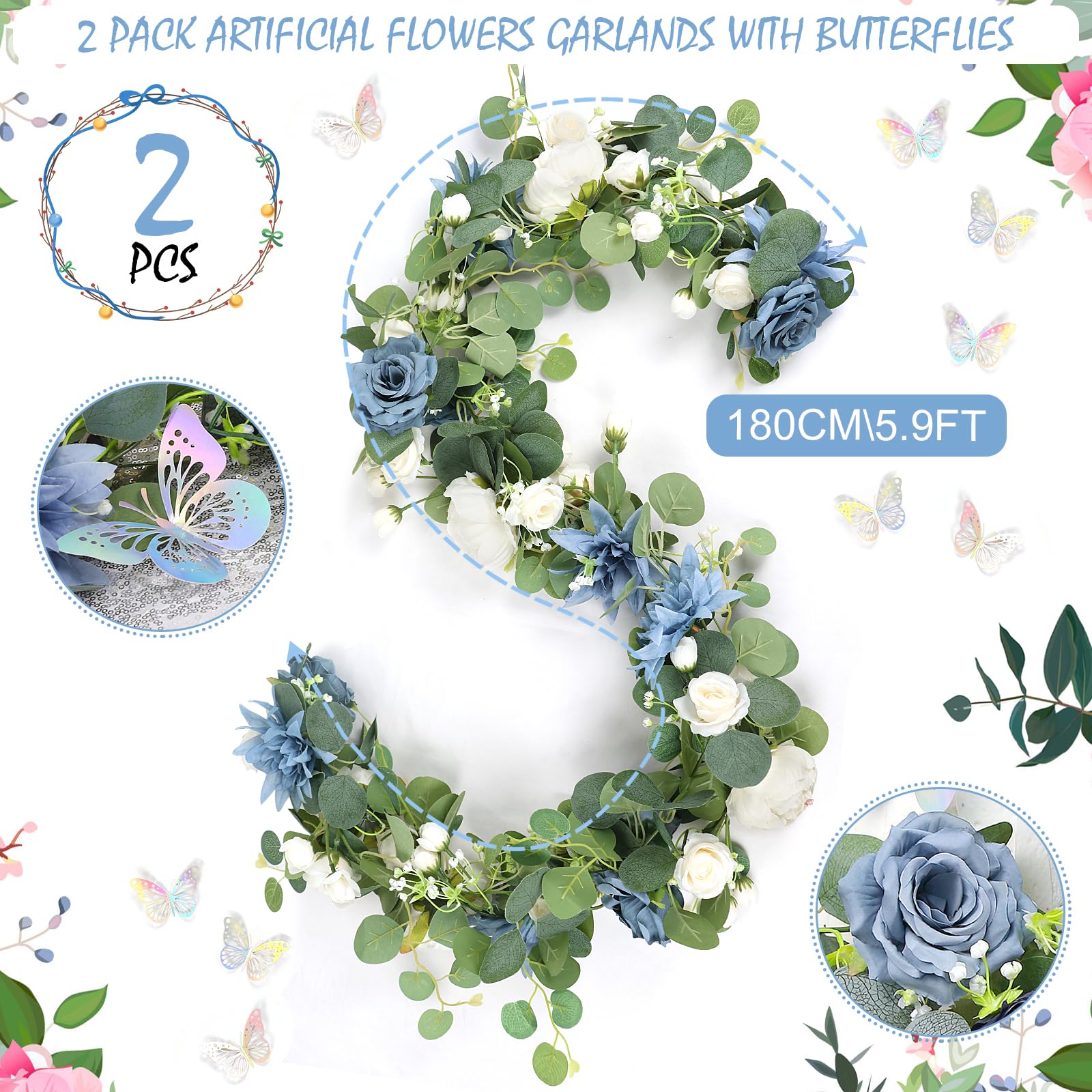 Eukalyptus-Girlande mit Blumen – 2 Stück, 150 cm, künstliche Blumengirlande mit Schmetterlingen, künstliche Rosen, grüne Girlanden für Hintergrund, Hochzeitsbogen, Tafelaufsätze,