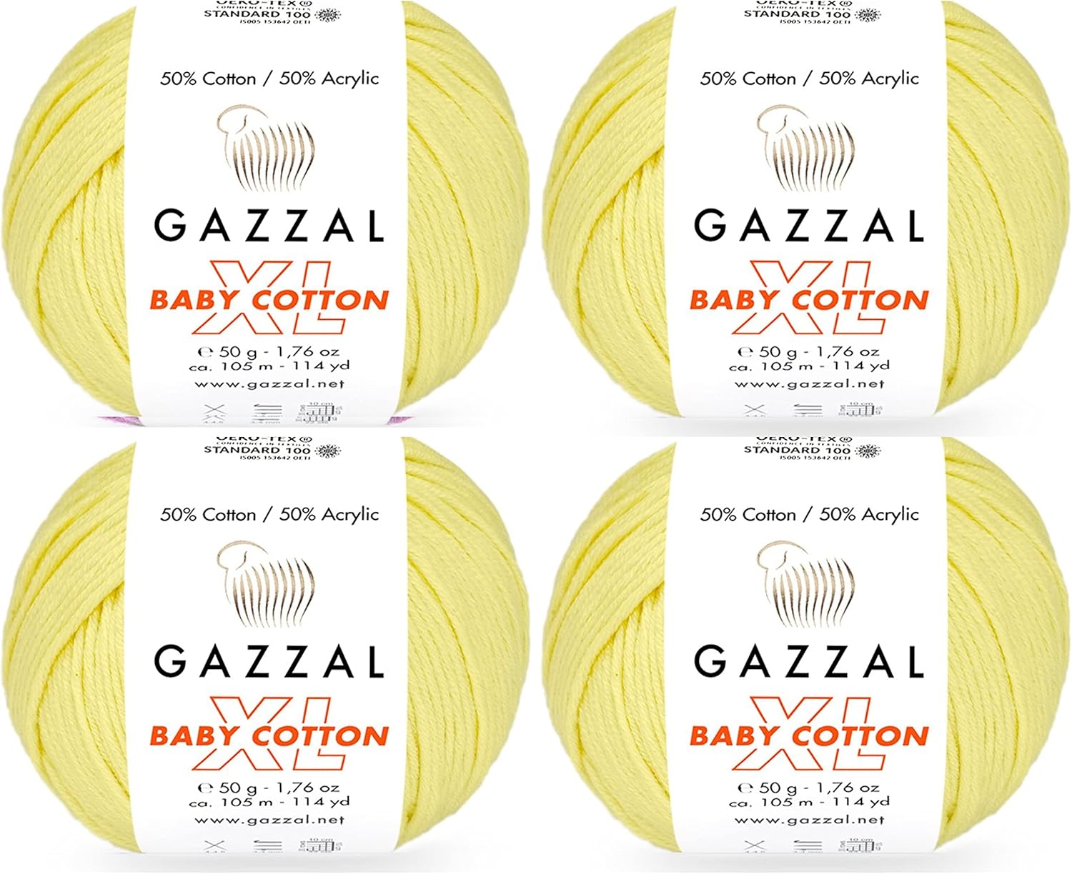 4 Pack (Skein) Gazzal Baby Cotton XL, 50% Soft Cotton 50% Premium Acrylic, Each 1.76 Oz (50g) / 114 Yrds (105m),DK- Worsted Baby Popular Yarn (4 Pack, Yellow - 3413)