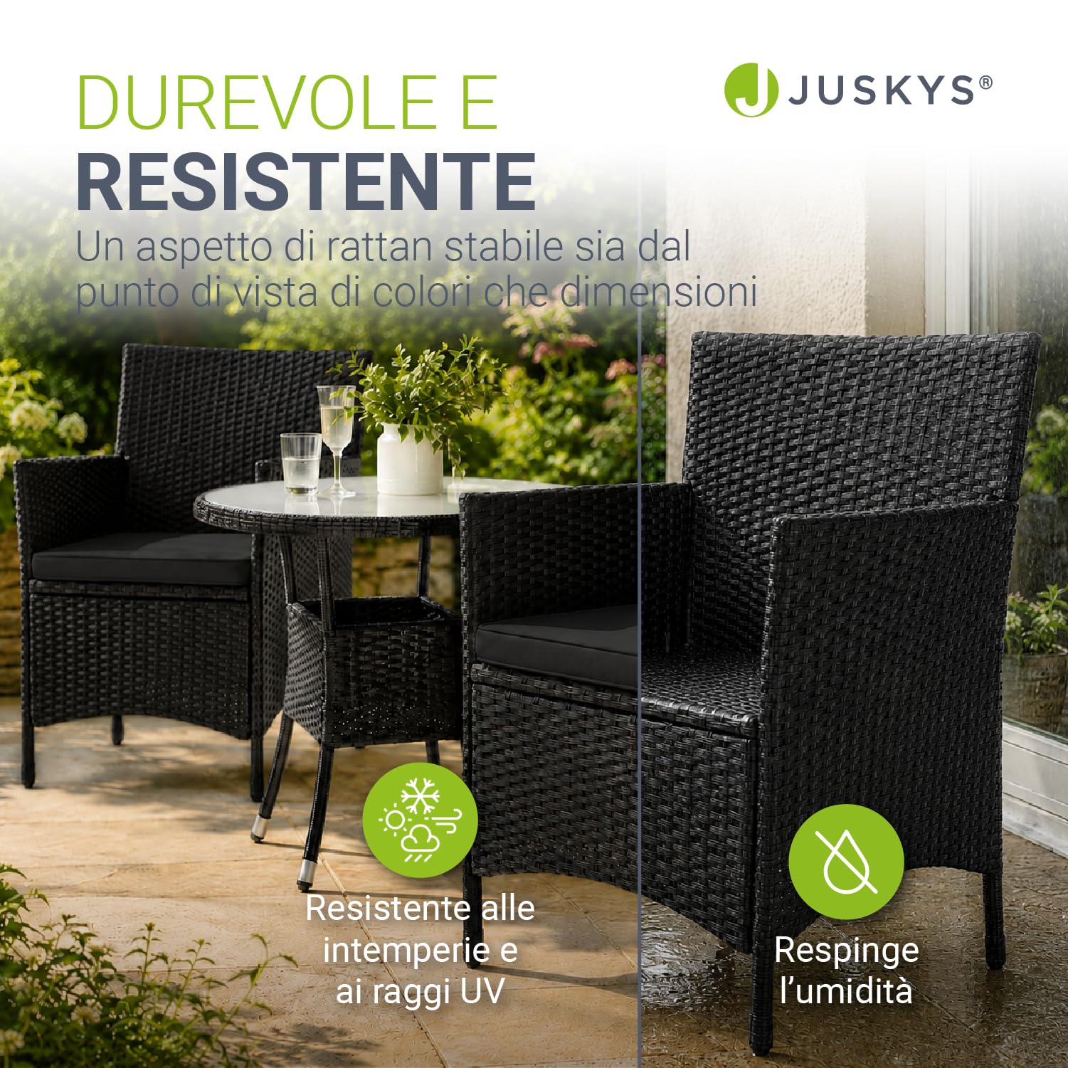 Juskys Polyrattan Set da balcone Bayamo 2 persone - Tavolo con piano in vetro & 2 sedie - Mobili da balcone resistenti alle intemperie - Cuscini lavabili - nero - grigio
