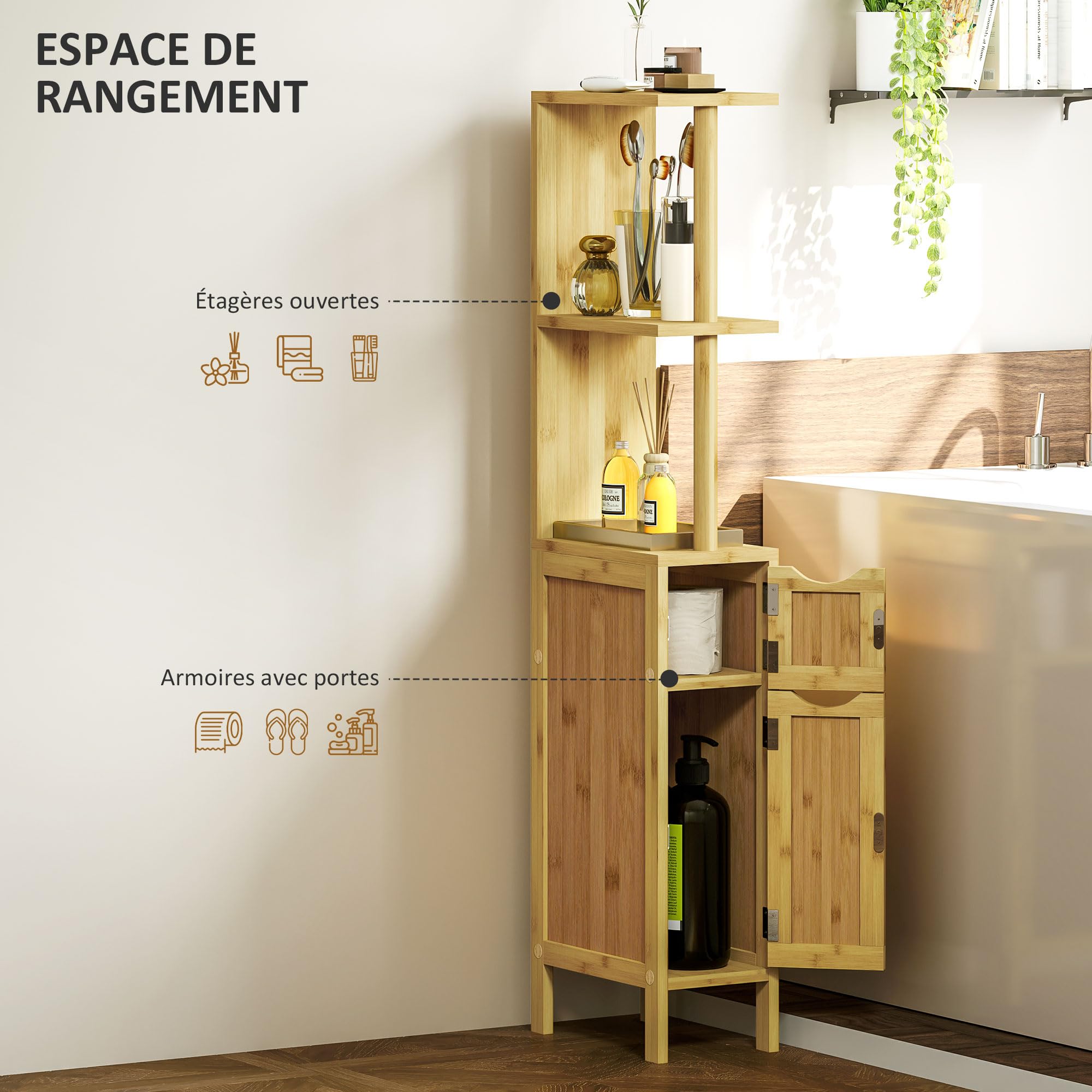 HOMCOM Colonne de Salle de Bain, Meuble de Salle de Bain, avec 2 étagères Ouvertes, 2 placards à Portes magnétiques, en Bambou, Bois Naturel