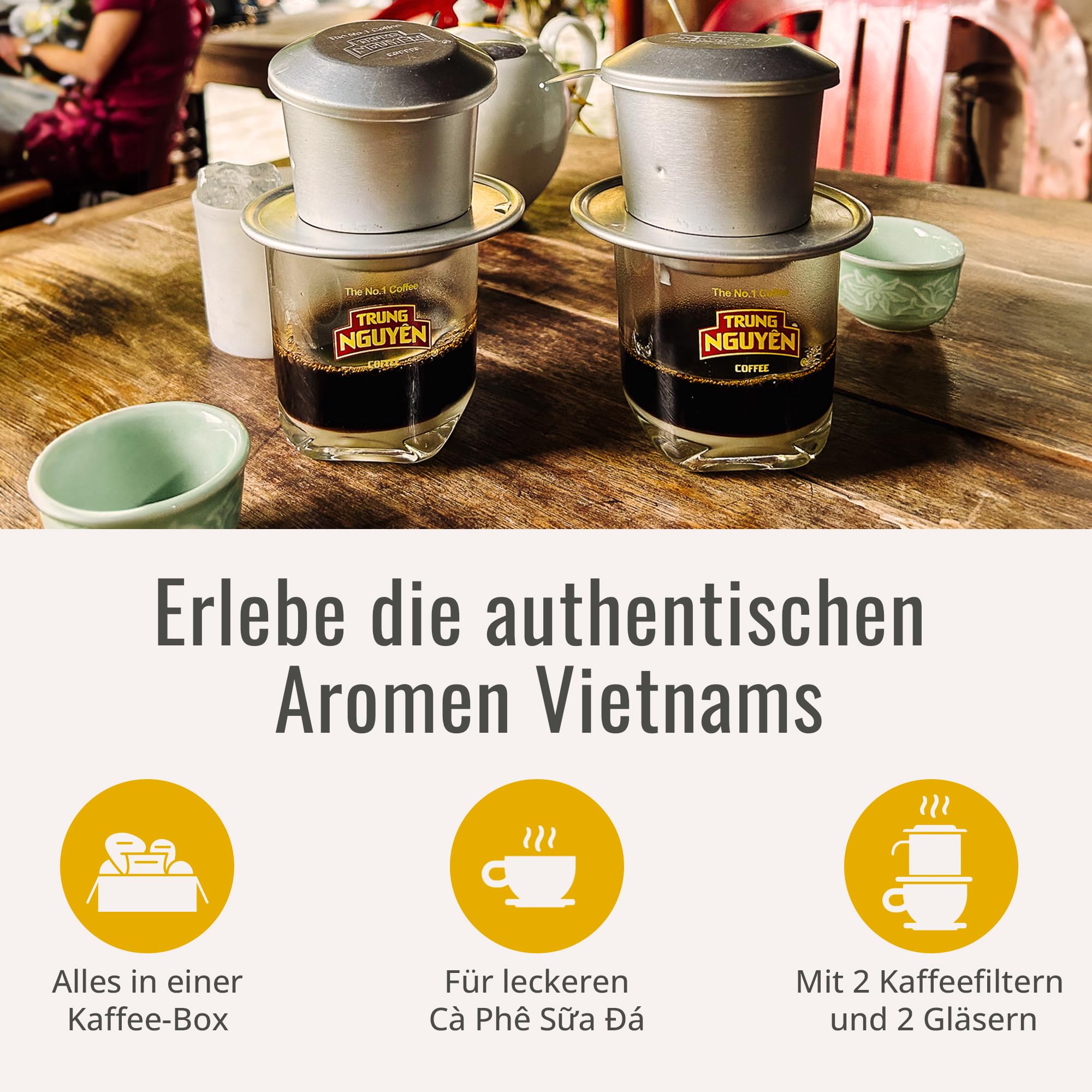 Trung Nguyen Vietnam Kaffee Box 250g mit Rezeptkarte, Metallfilter & Kaffeegläser