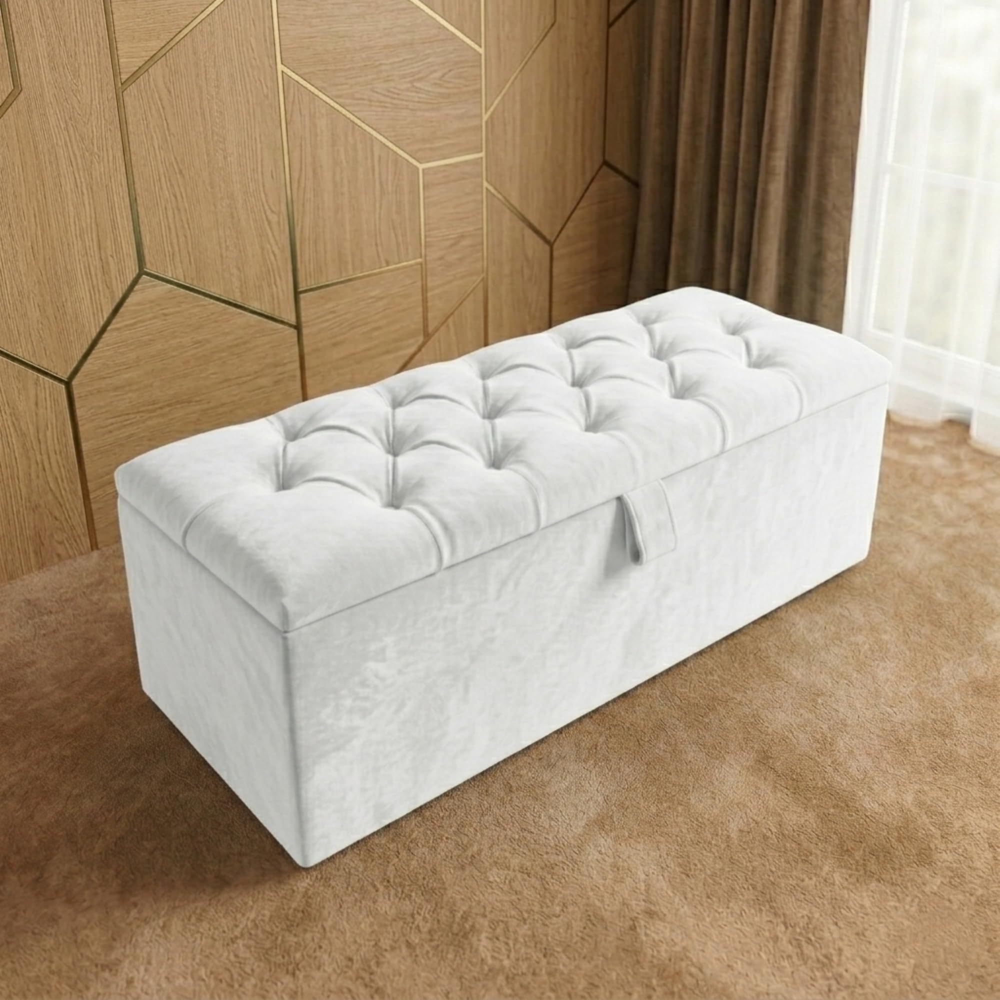 SK Ottoman Storage Box, Diamond Buttoned Velvet, White, Floor Standing