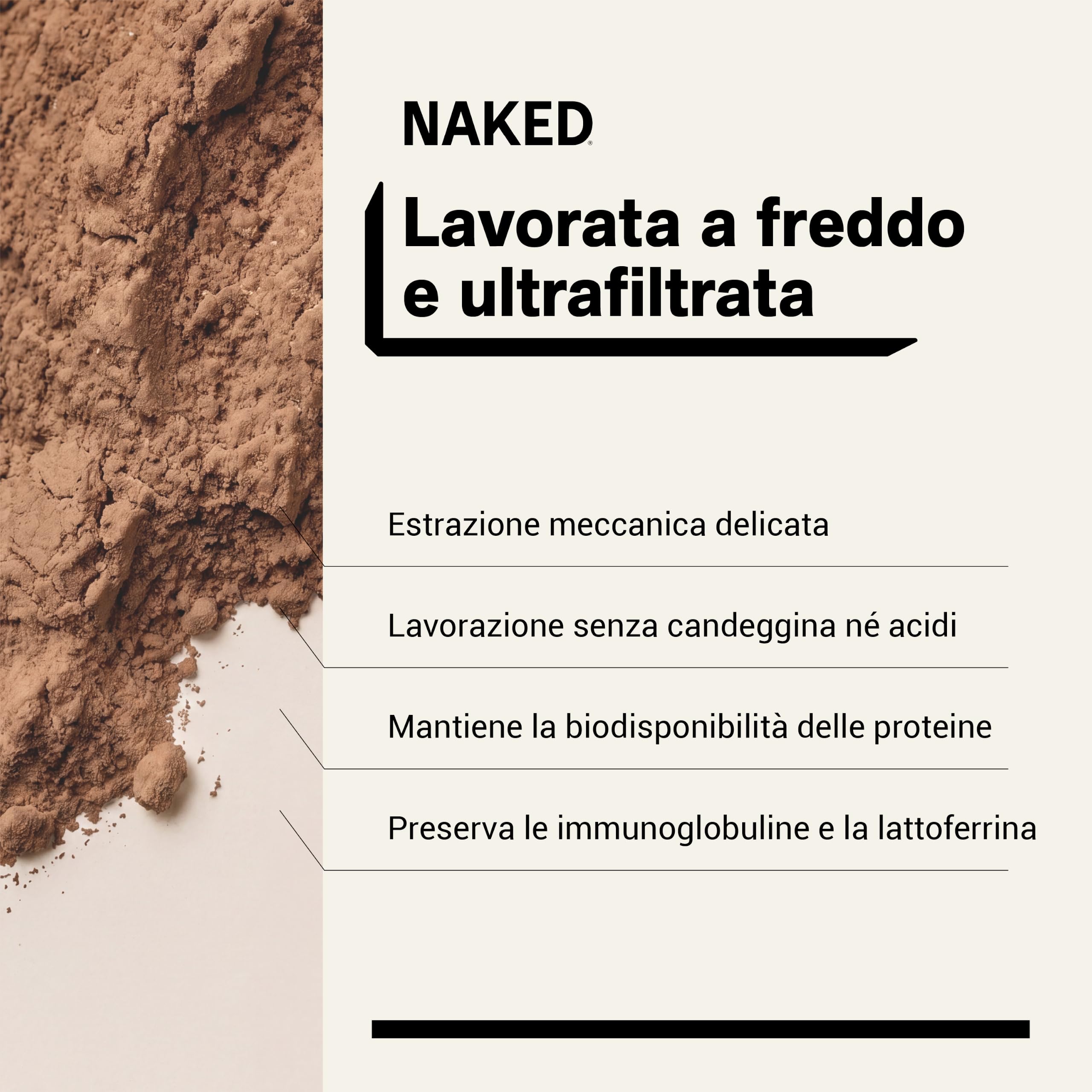 Naked Cioccolato Whey Protein, Proteine in Polvere, Solo 3 Ingredienti, Grass Fed, Senza Glutine, Senza Soia, Senza OGM, 25g di Proteine e 6g di BCAAs per Misurino, 60 Porzioni, 2280g