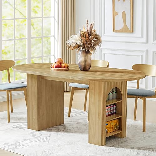Miniatura 9 de Mesa de comedor de 78 pulgadas para 6, 8 y 10, moderna mesa de cocina rectangular de granja, mesas de comedor largas con base de tira de madera para