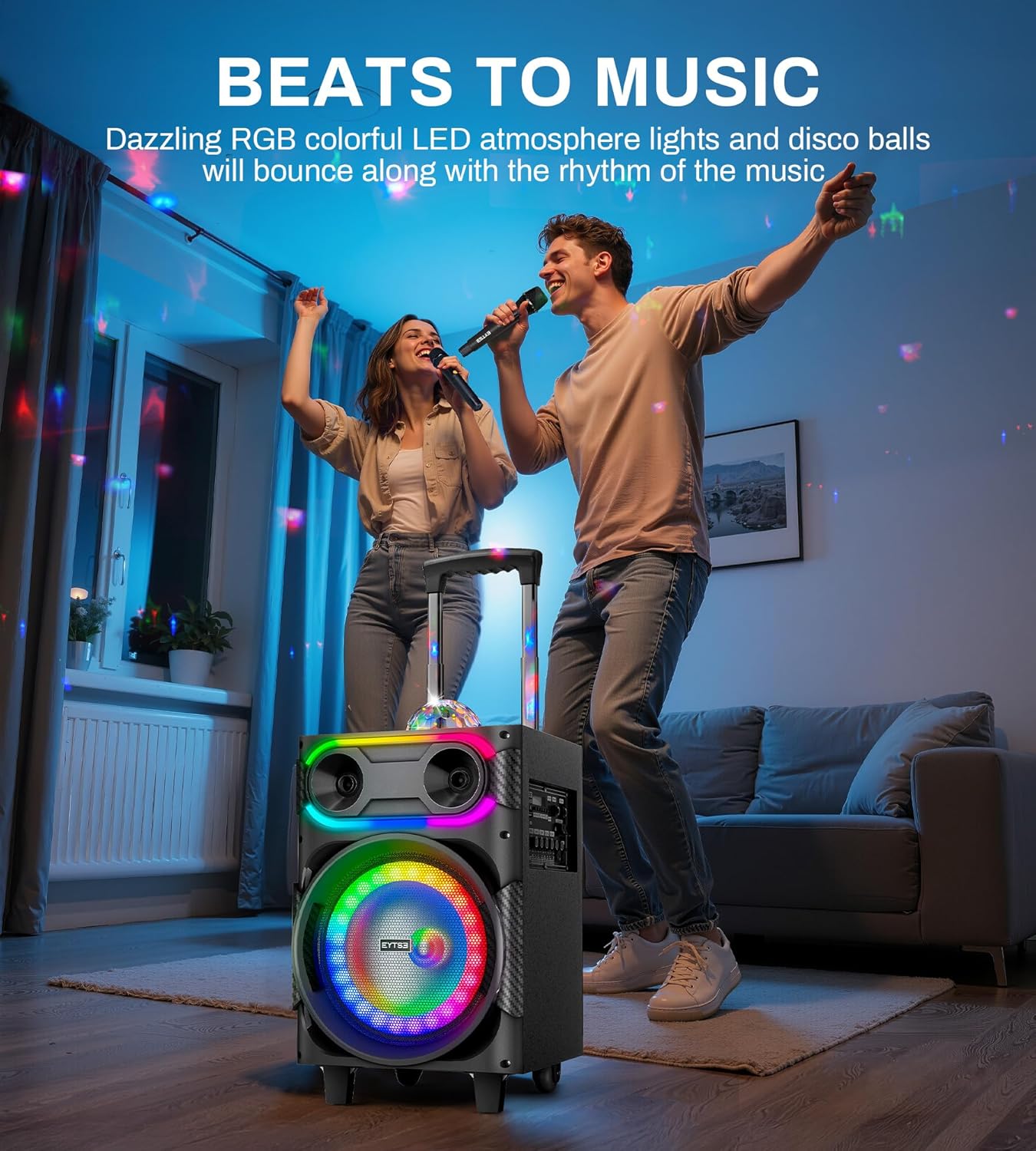 Karaoke Machine for Adults with 2 Wireless Microphones Portable Party Speaker BT PA System with Disco Ball LED Lights, Tablet Lyrics Display Holder, Remote Control, Rolling Wheels and Trolley - Image 3