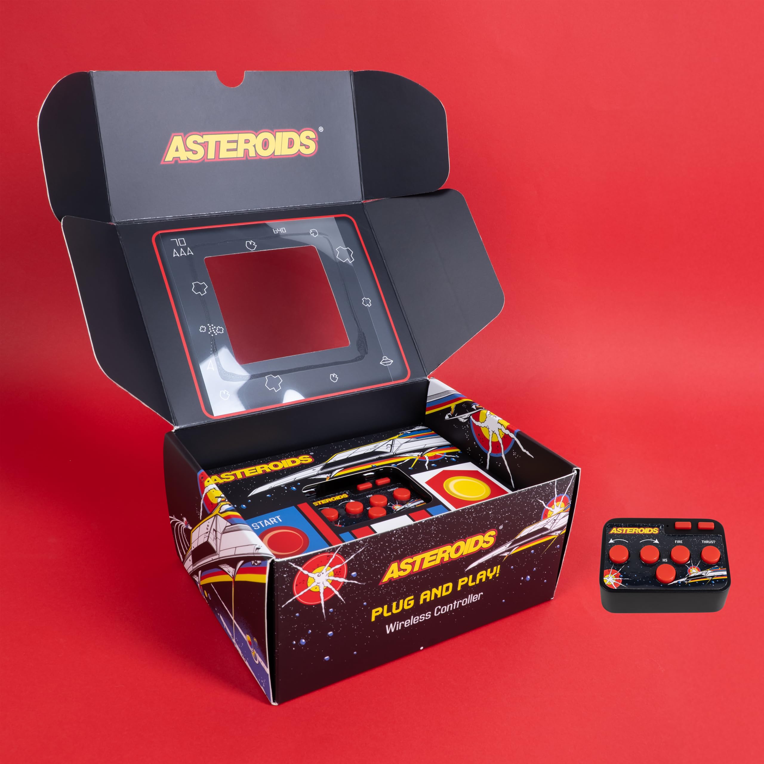 Fizz Creations Asteroids Plug & Play HDMI Arcade konsola do gier z bezprzewodowym kontrolerem. Klasyczna gra retro do telewizora, rodzinne gry retro, prezent nostalgiczny.