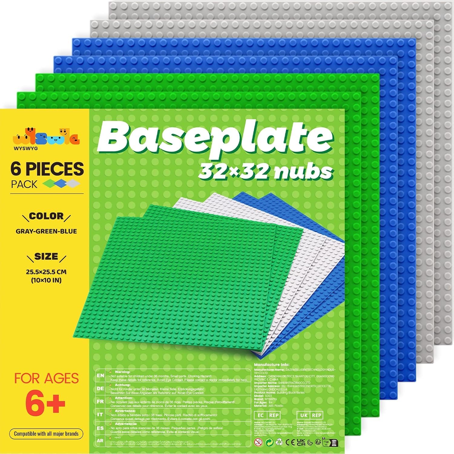 WYSWYG 6PCS Classic Base Plates,10''x10'' Building Board BasePlate,Compatible with All Major Brands,3 Colors