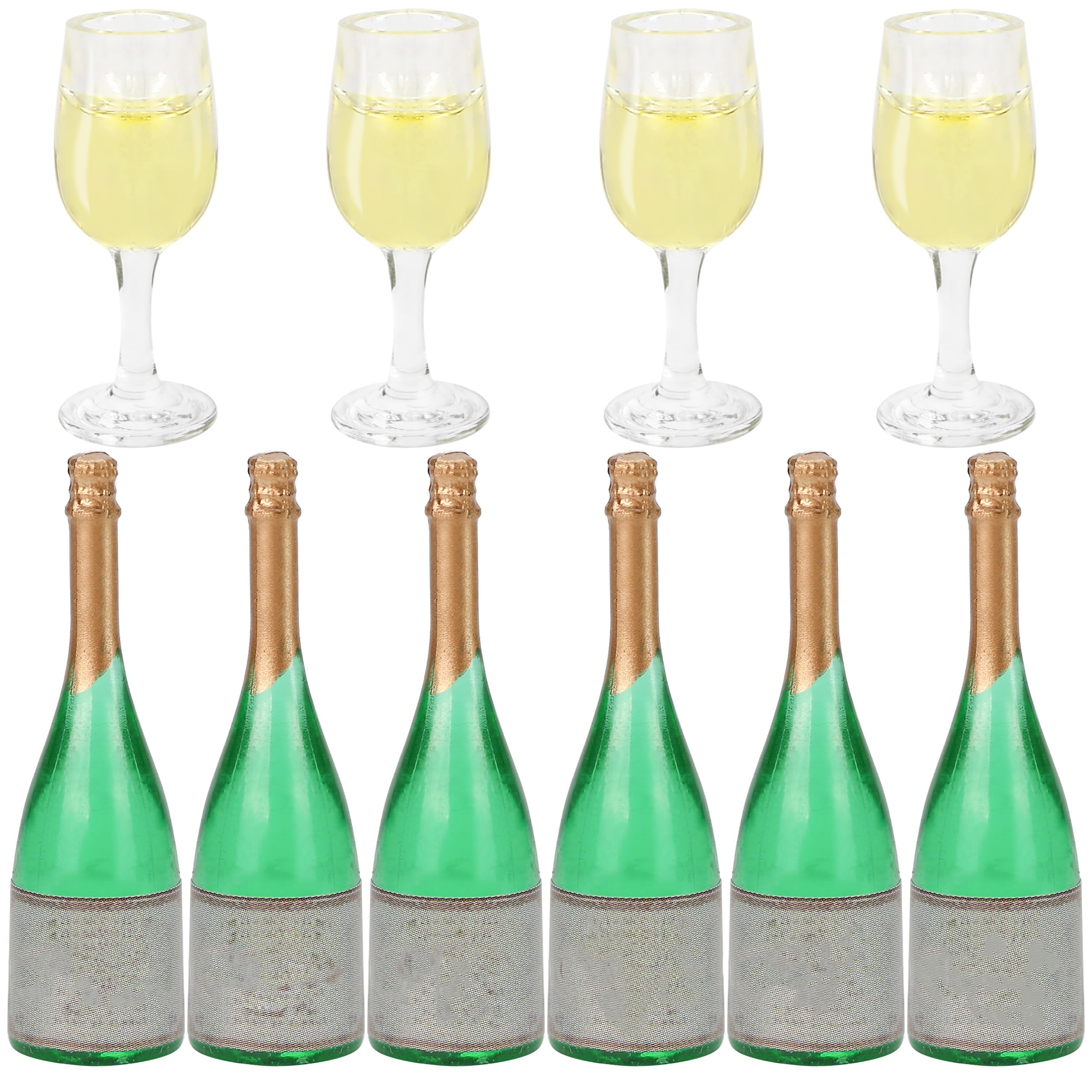 Lot of 10 Miniature Champagne Wine Glass and Bottle for 1:12 Dollhouse Decor, Mini Alcohol Liquor Beer Small Can Simulation Accessories for Adult (8 Glass, 12 Bottle) (Random glass color Yellow/Green)
