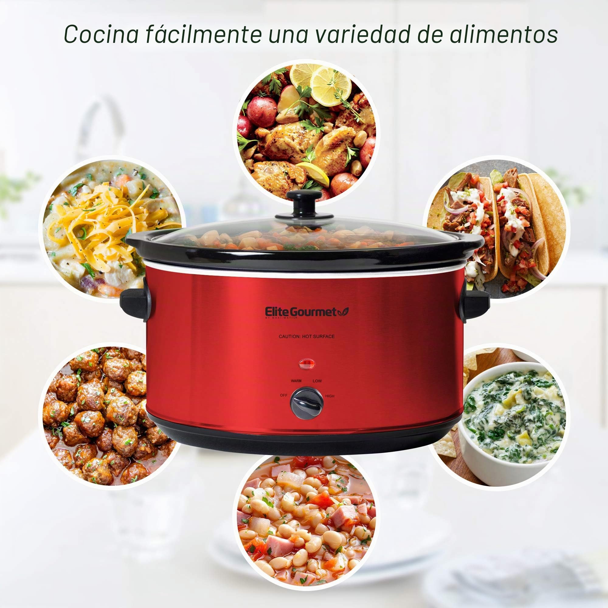 Elite Gourmet MST-900RXT Olla eléctrica de cerámica XL Jumbo, con temperatura ajustable, para platos principales, salsas, guisos y aderezos, tapa de cristal apta para lavavajillas, 8 l, rojo metálico
