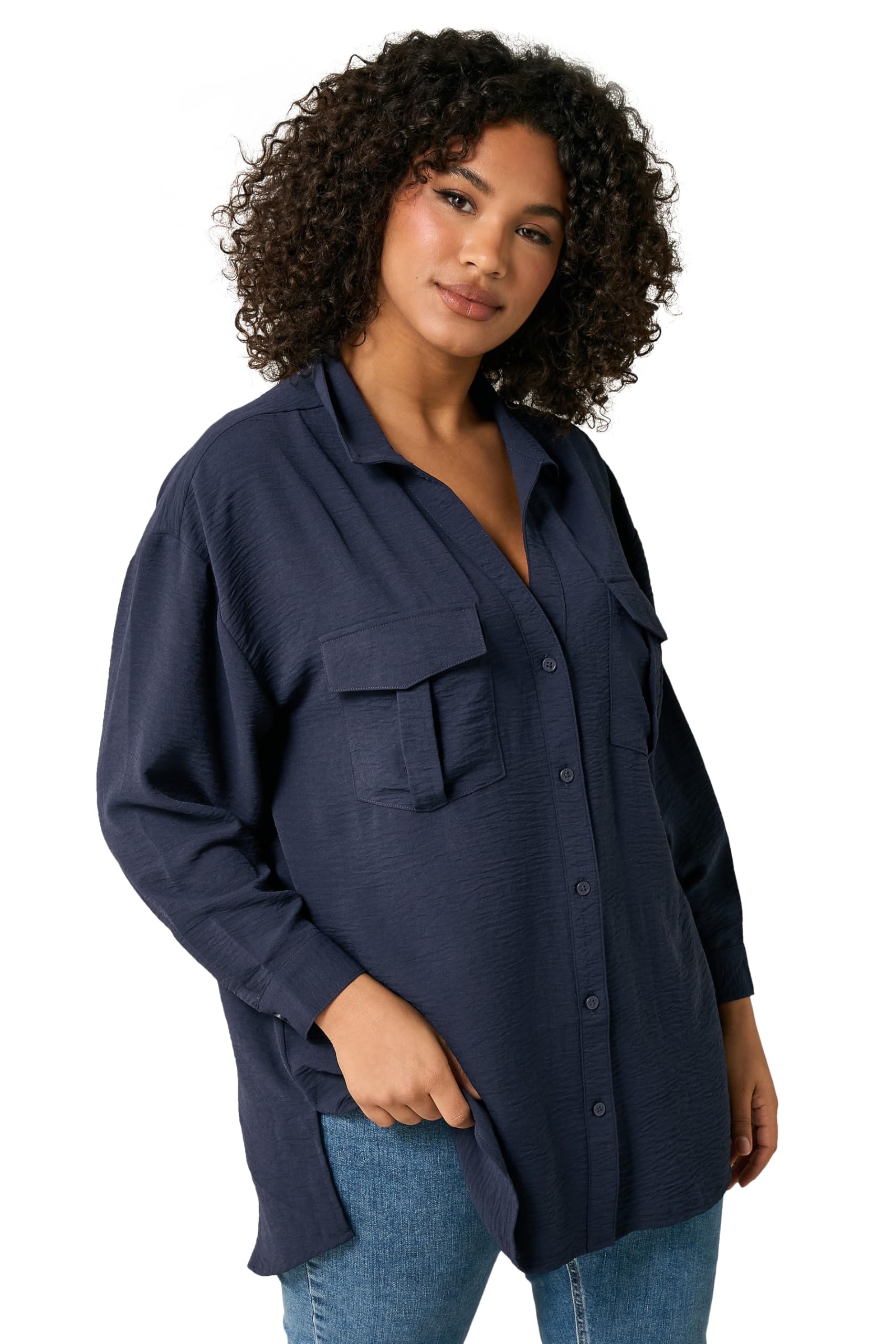 Evans Women's Navy Curve Blue Utility Pocket Shirt - Plus Size Curve