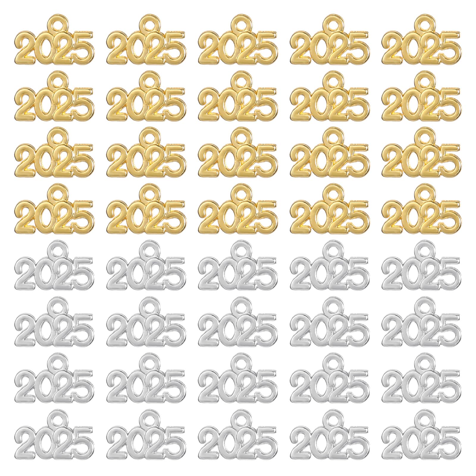 50 Pcs 2025 Year Charms Alloy 2025 Letter Charms Mini Jewelry Making Signet Charms Accessories Crafting Graduation Tassels Parties for New Years Eve Gift Jewelry Making Tassel DIY (Gold, Silver)