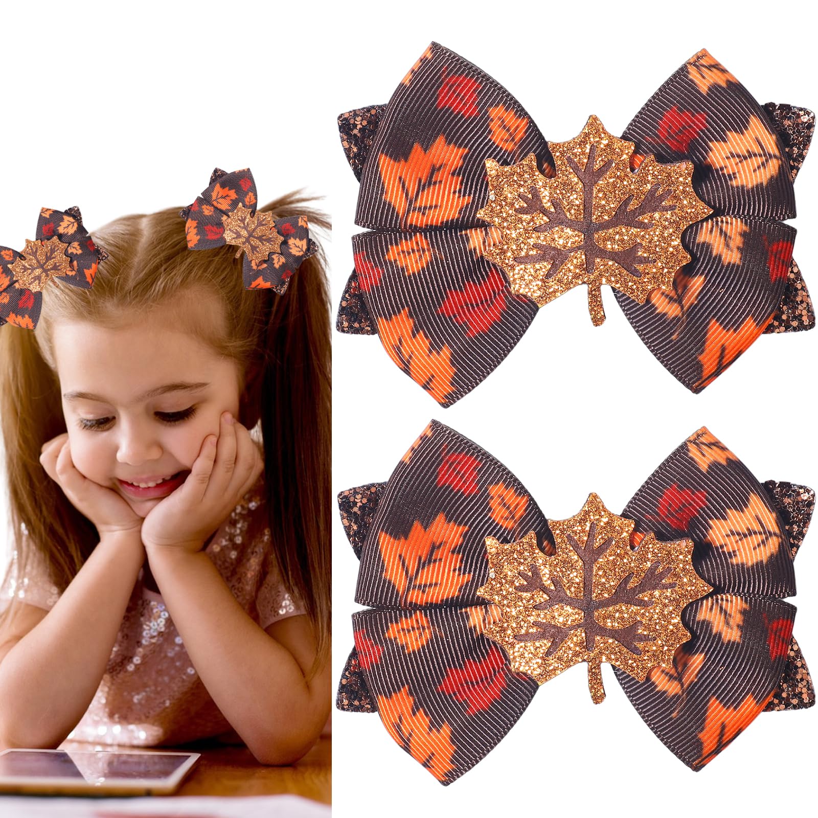 Hair Bow Clips Fall Thanksgiving Maple Leaf Ribbon Hair Bow Barrettes Bow Hair Brown Grosgrain Hairpins Glitter Handmade Sparkle Sequins for Thin