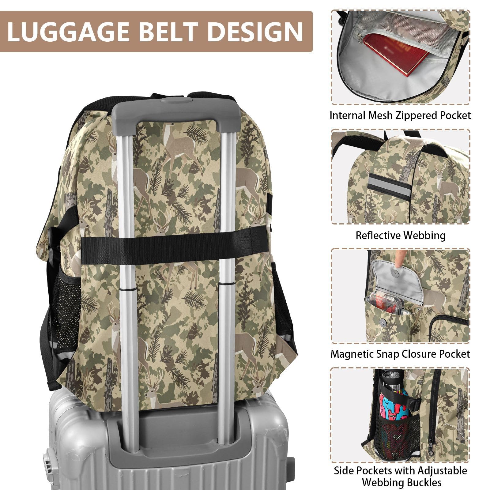 Zaino con motivo gazzelle della foresta, con tasche multiple, per scuola, viaggi, attività all'aperto, università, zaino per laptop da 17,5 pollici, per uomini e donne