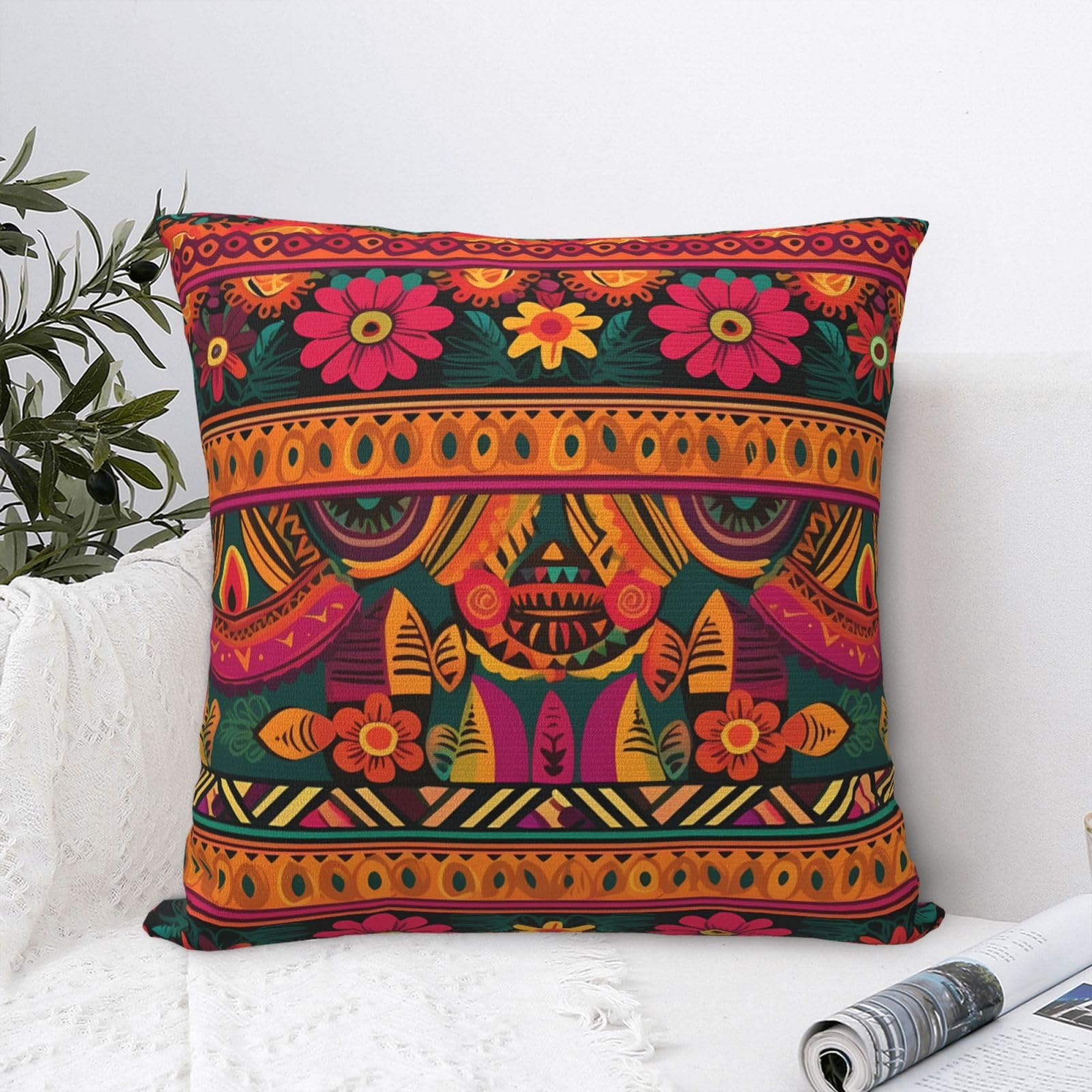 Luxury Velvet Throw Pillow Covers 20"x20" Super Soft Decorative Pillow Cases - Mexican Folk Art Boho Pillowcases Modern Lumbar Cushion Cases for Couch Sofa Bed Pillow Shams