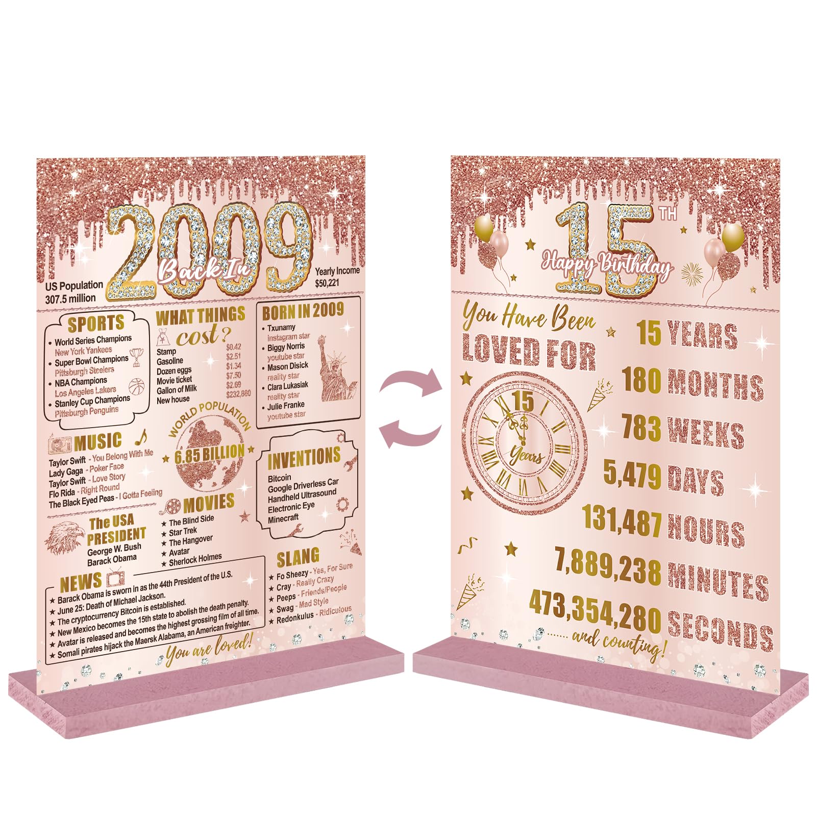 Bumqviy 15th Birthday Decorations Back in 2010 Table Sign for Girls Women, Pink Rose Gold Happy 15th Birthday Two-Sided Wooden Poster with Stand, 15 Year Old Birthday Gift Party Supplies
