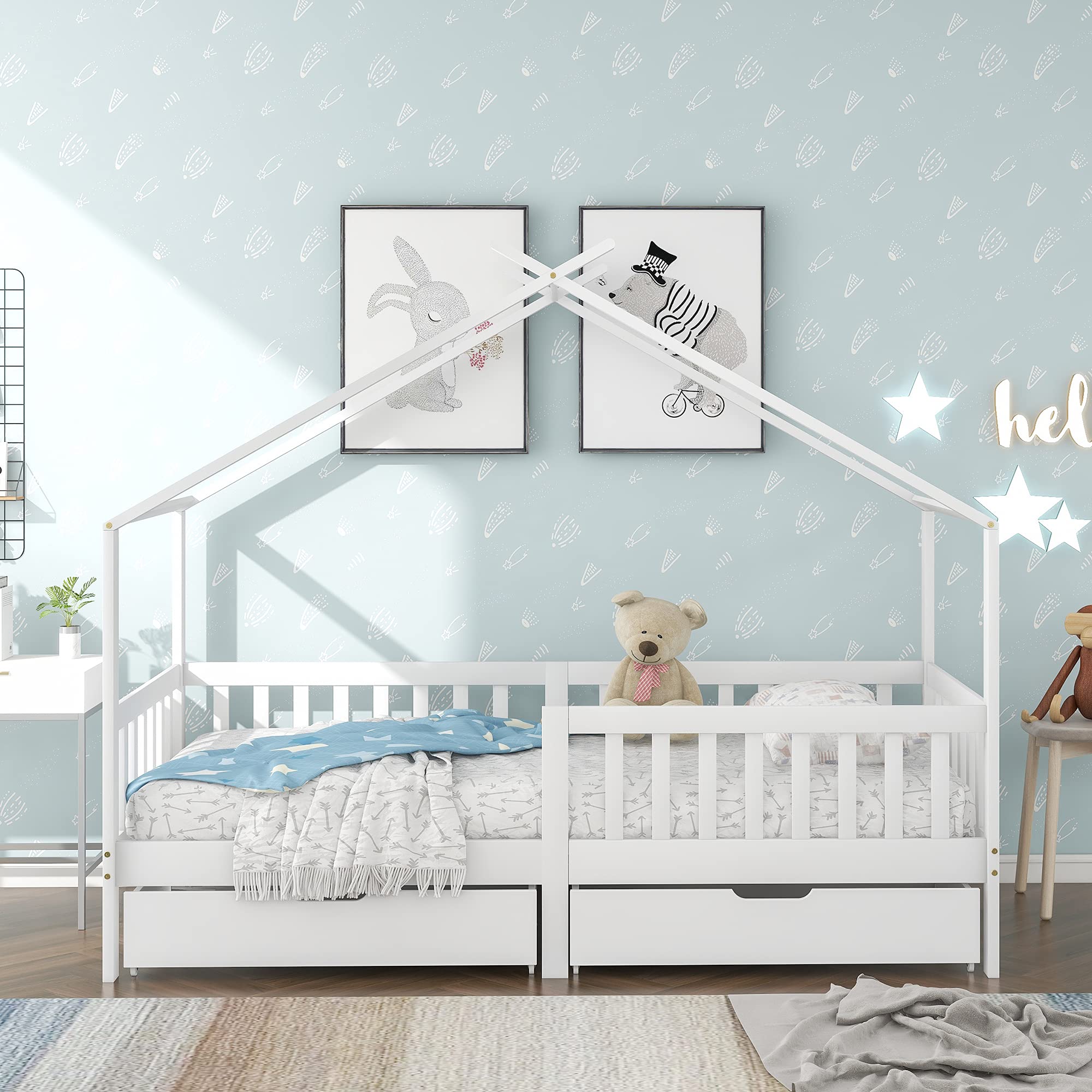Letto Casetta per Bambini 90x200cm, Lettino Montessori con 2 Cassetti, Struttura in legno massello con Rete a Doghe, Cameretta Ragazzi, letto a Forma di Casa