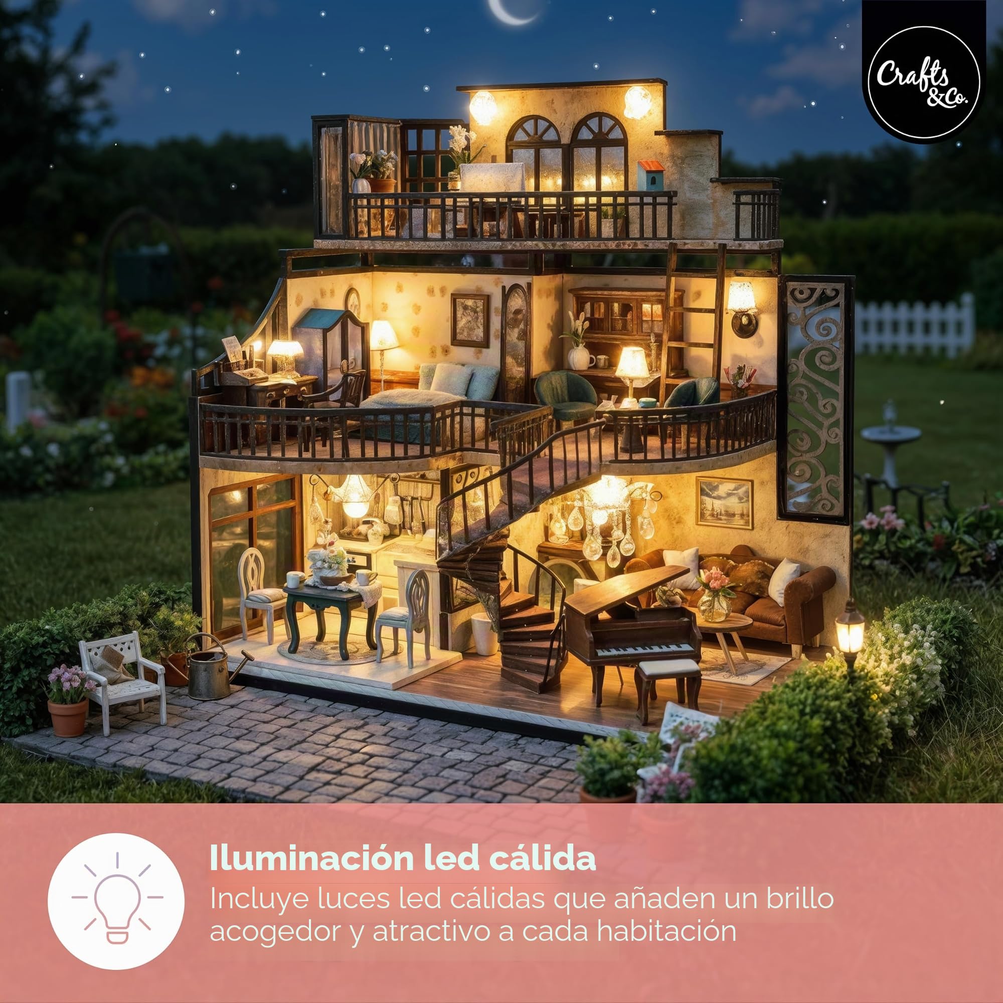 Crafts&Co® DIY Casa en Miniatura con Muebles | Adulto DIY Casa de Muñecas | Modelo de Casa de Madera con Luz | 1:18 | Villa de Ensueño
